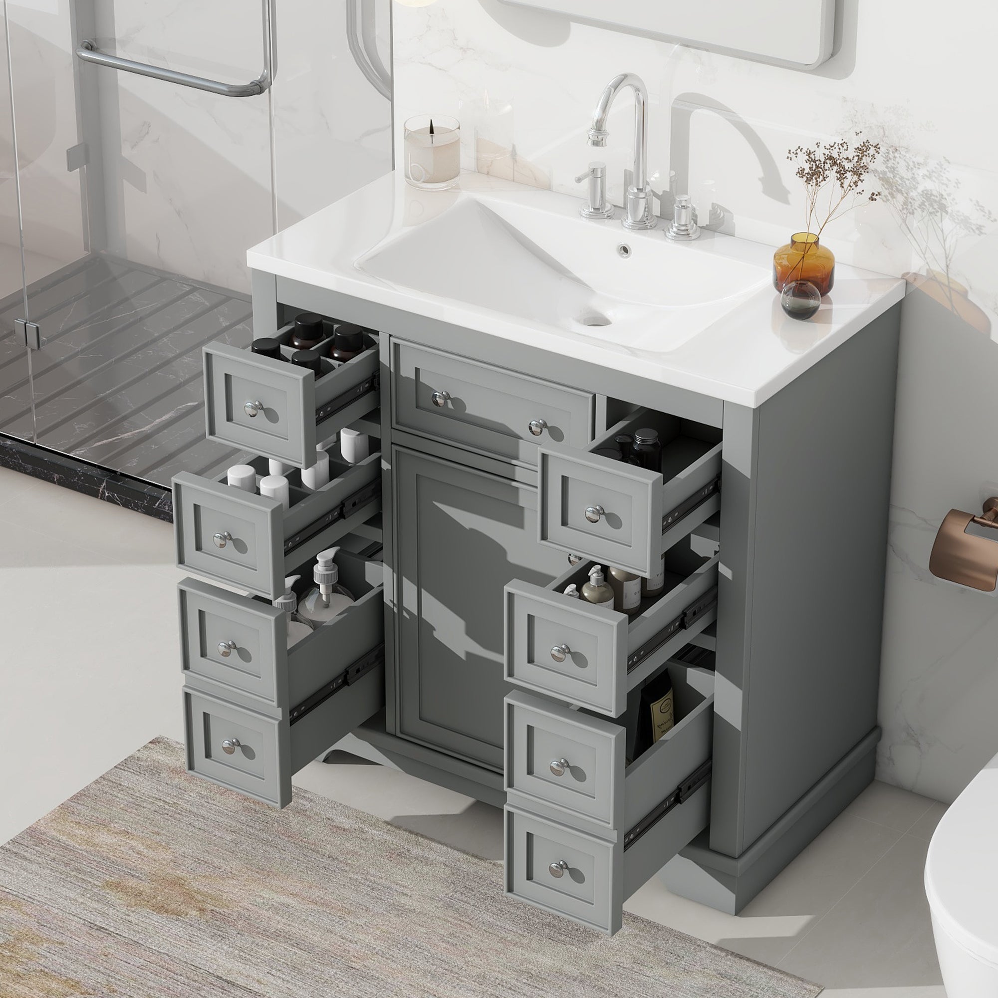 36 Inch Freestanding Bathroom Vanity Set  with Drawers and Ceramic Sink