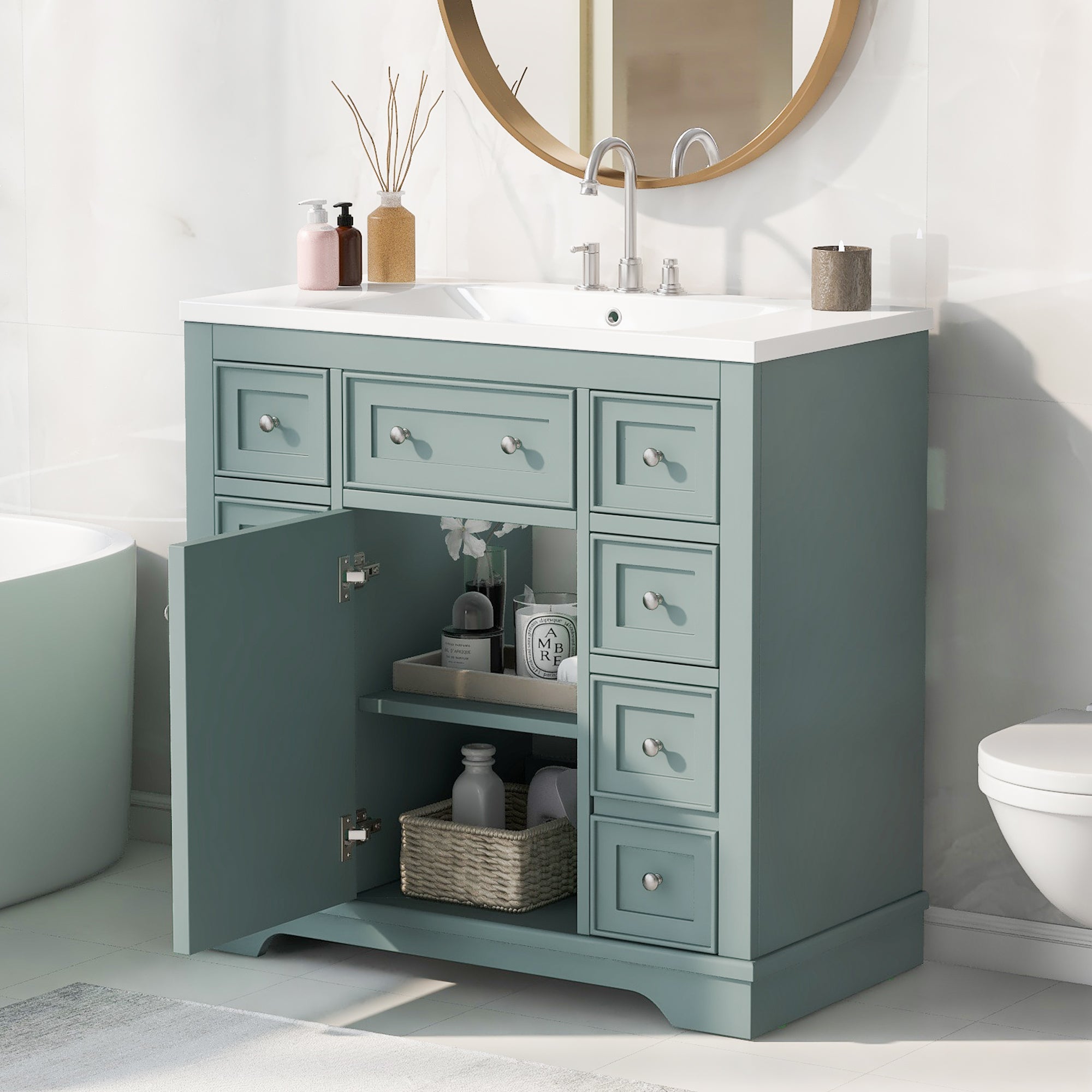 36 Inch Freestanding Bathroom Vanity Set  with Drawers and Ceramic Sink