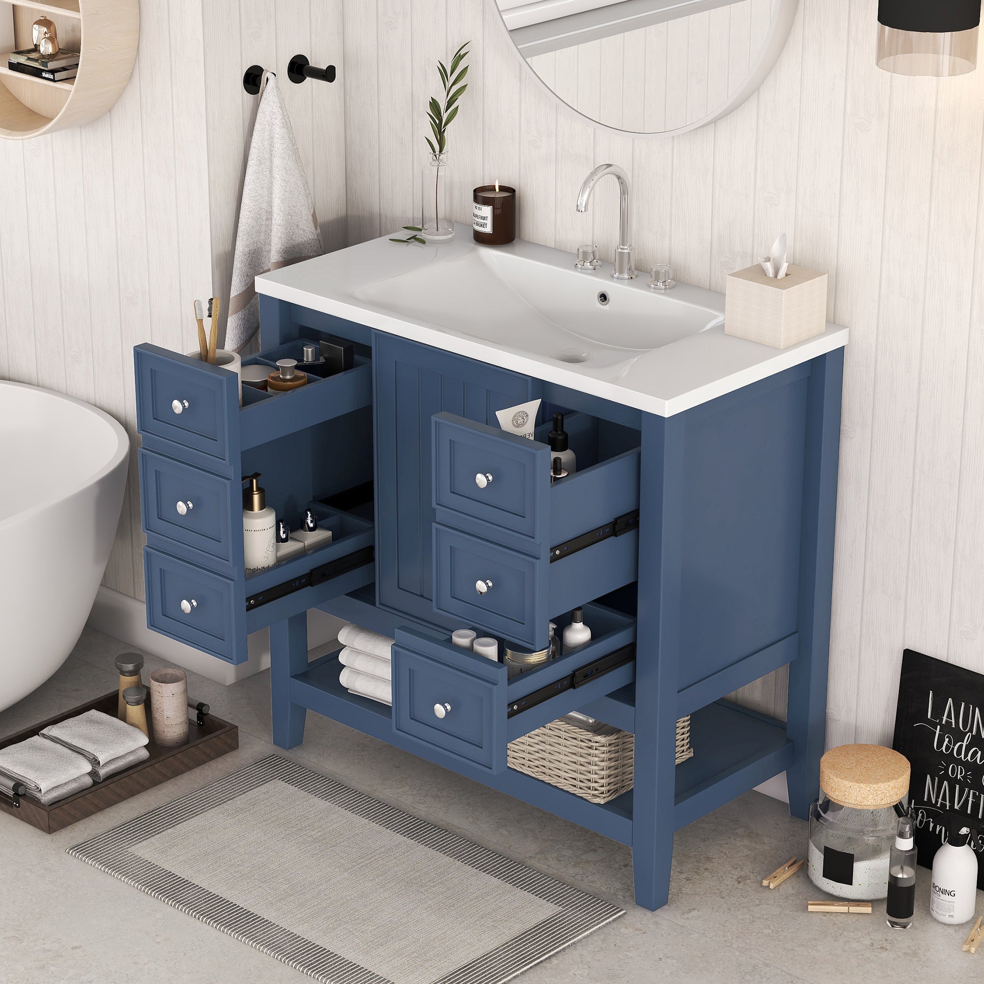 30 in. W x 72 in. H Freestanding Bathroom Cabinet in White with Adjustable Shelf and Drawer
