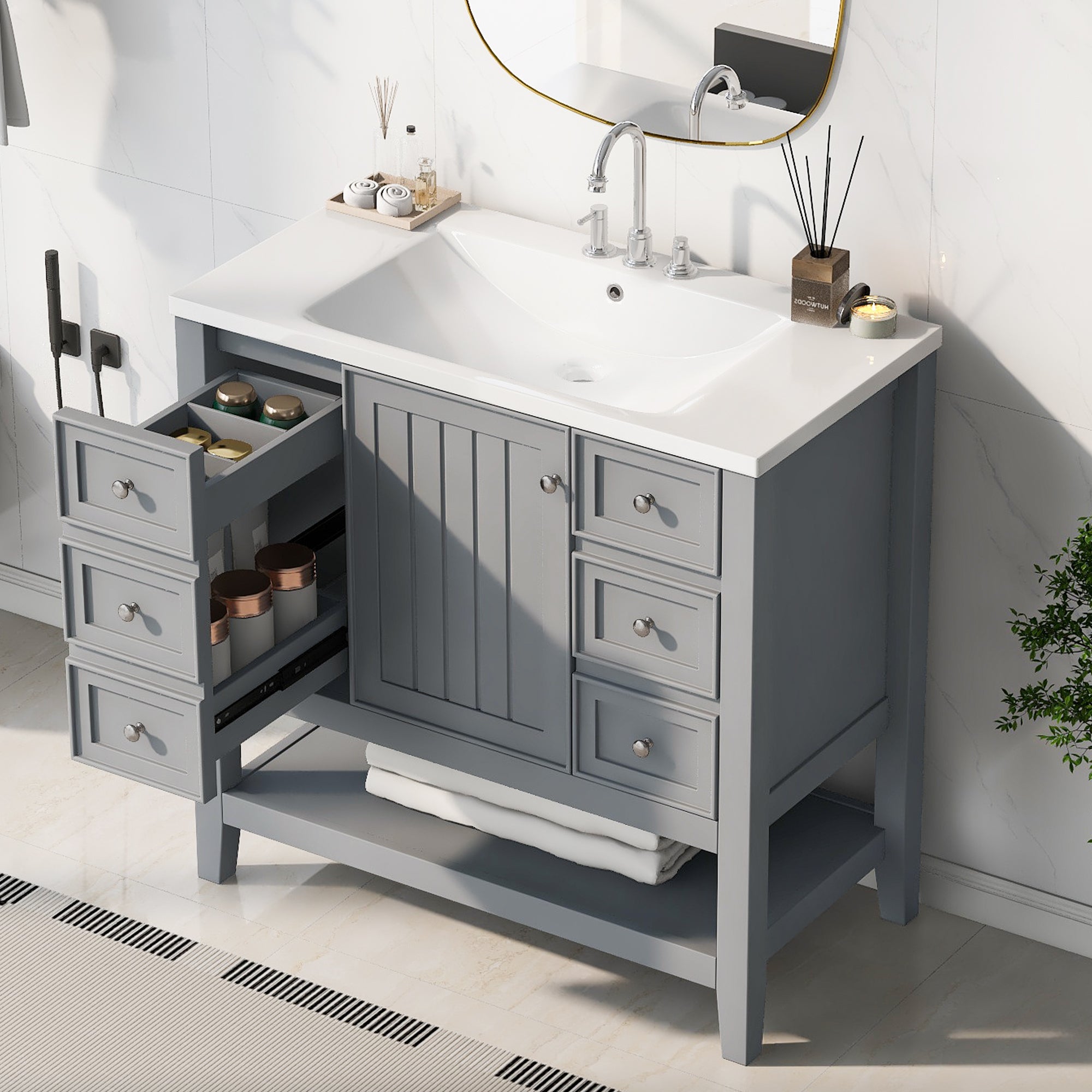36 Inch Freestanding Bathroom Vanity Set with Drawers and Ceramic Sink
