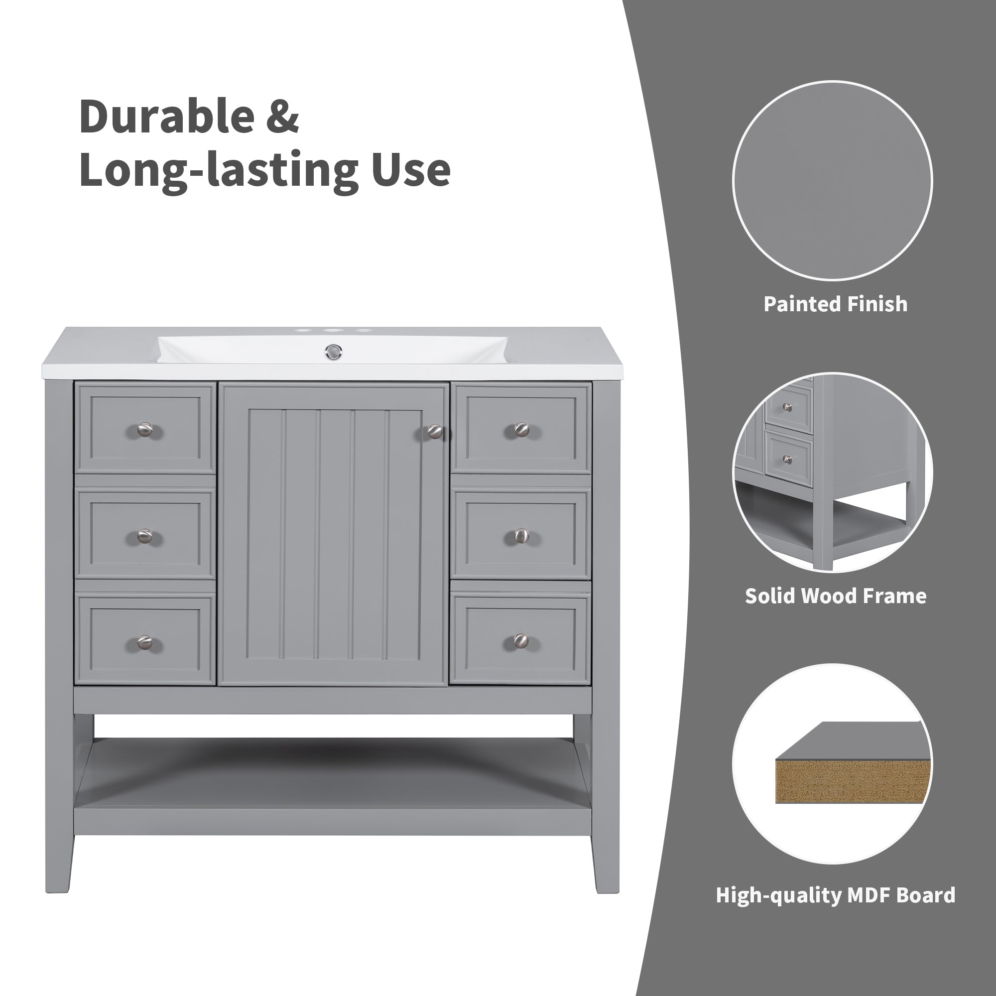 36 Inch Freestanding Bathroom Vanity Set with Drawers and Ceramic Sink