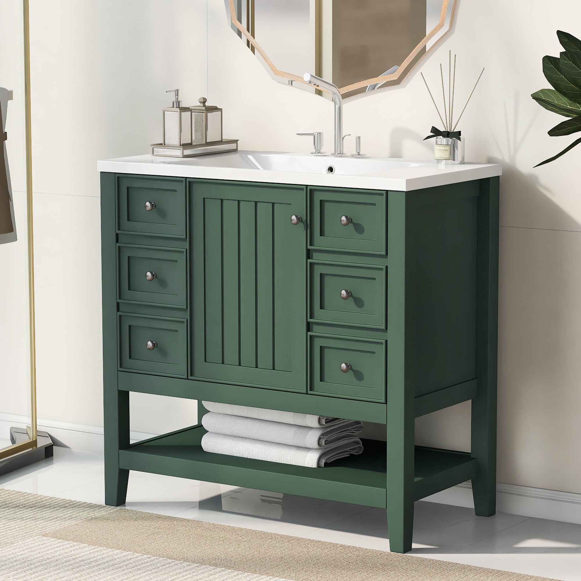 36 Inch Freestanding Bathroom Vanity Set with Drawers and Ceramic Sink