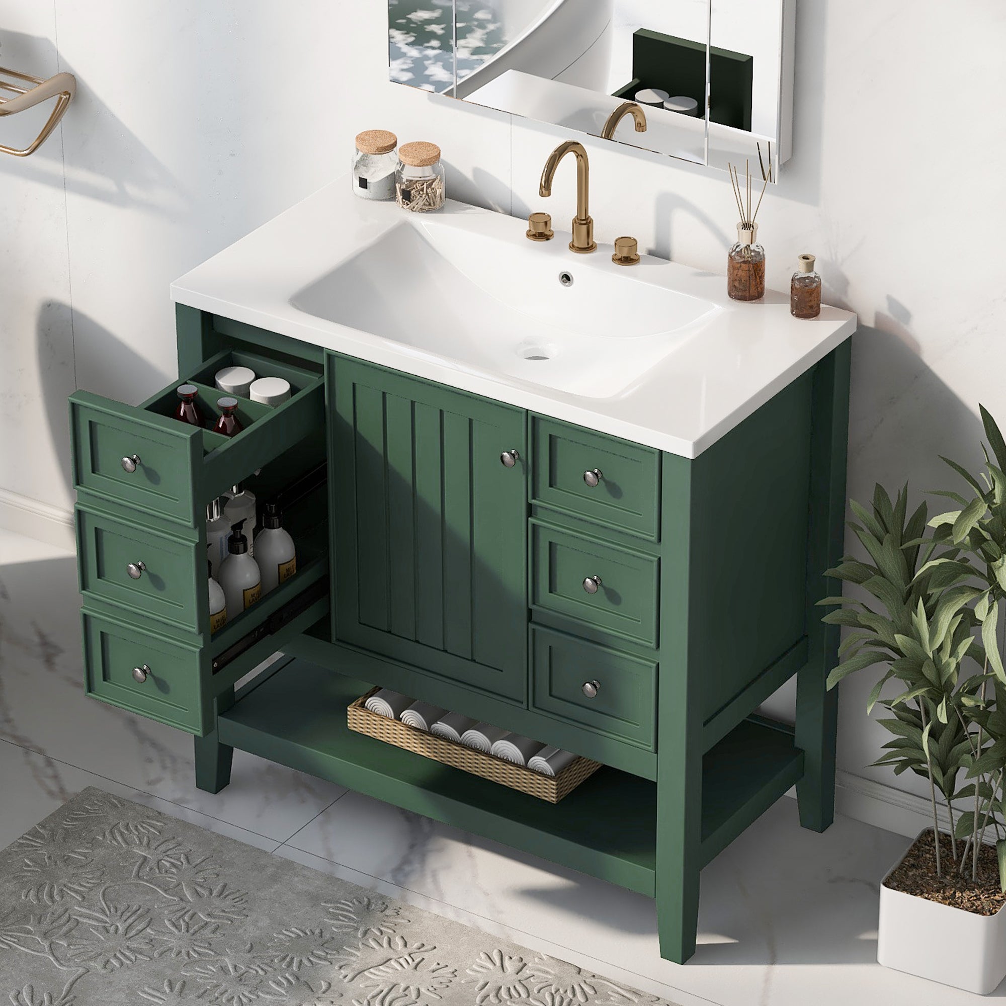 36 Inch Freestanding Bathroom Vanity Set with Drawers and Ceramic Sink