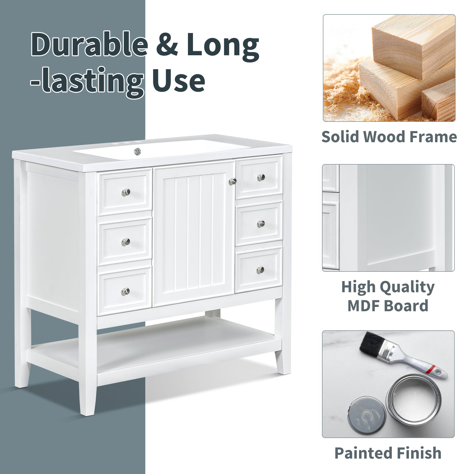 36 Inch Freestanding Bathroom Vanity Set with Drawers and Ceramic Sink