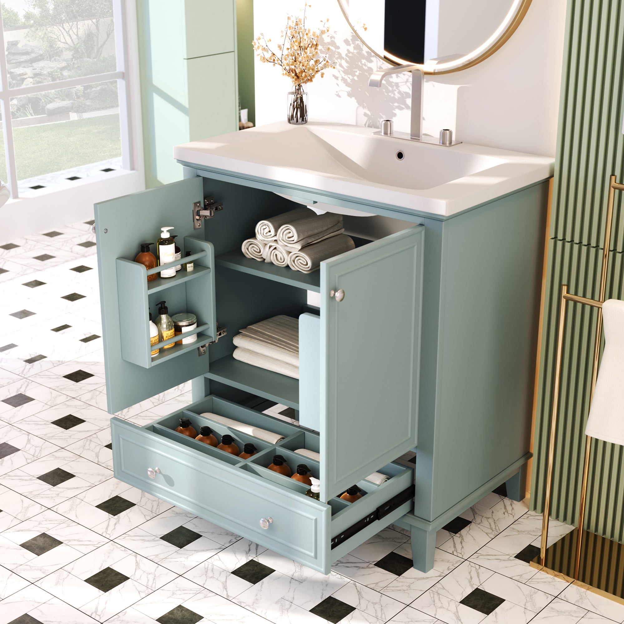 30 Inch Freestanding Bathroom Vanity Set in Green with Drawer and Ceramic Sink