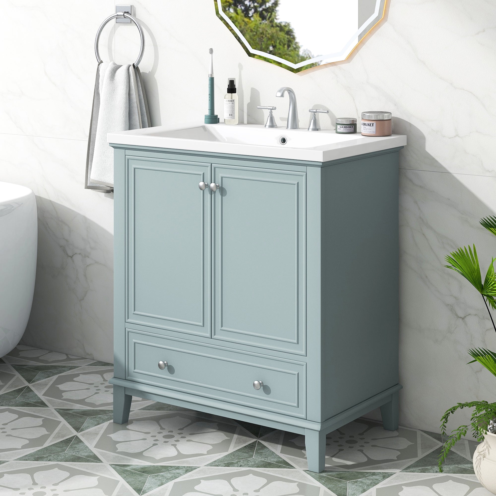 30 Inch Freestanding Bathroom Vanity Set in Green with Drawer and Ceramic Sink