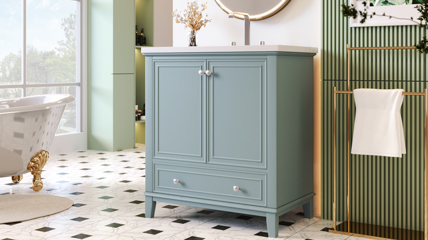30 Inch Freestanding Bathroom Vanity Set in Green with Drawer and Ceramic Sink