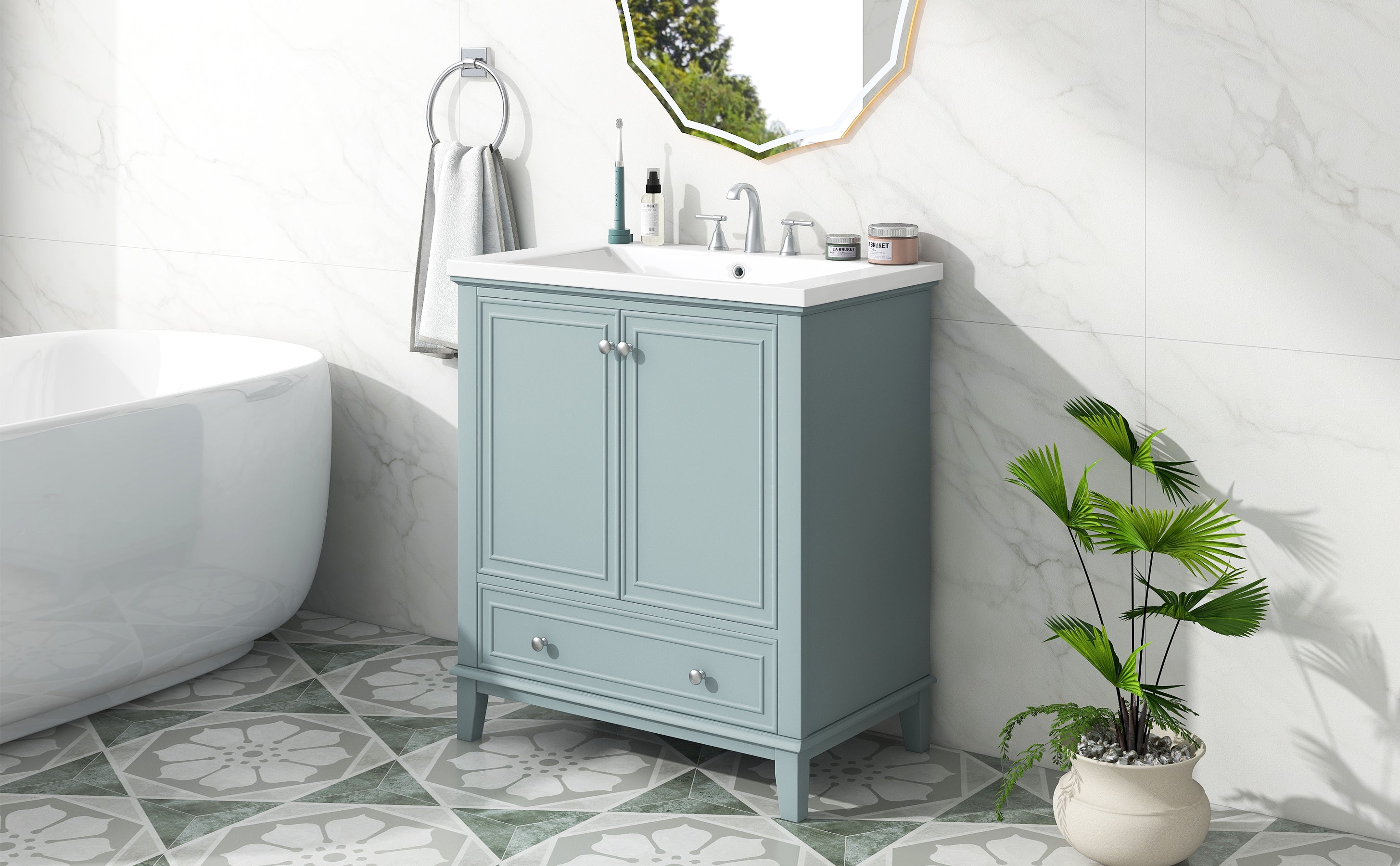 30 Inch Freestanding Bathroom Vanity Set in Green with Drawer and Ceramic Sink
