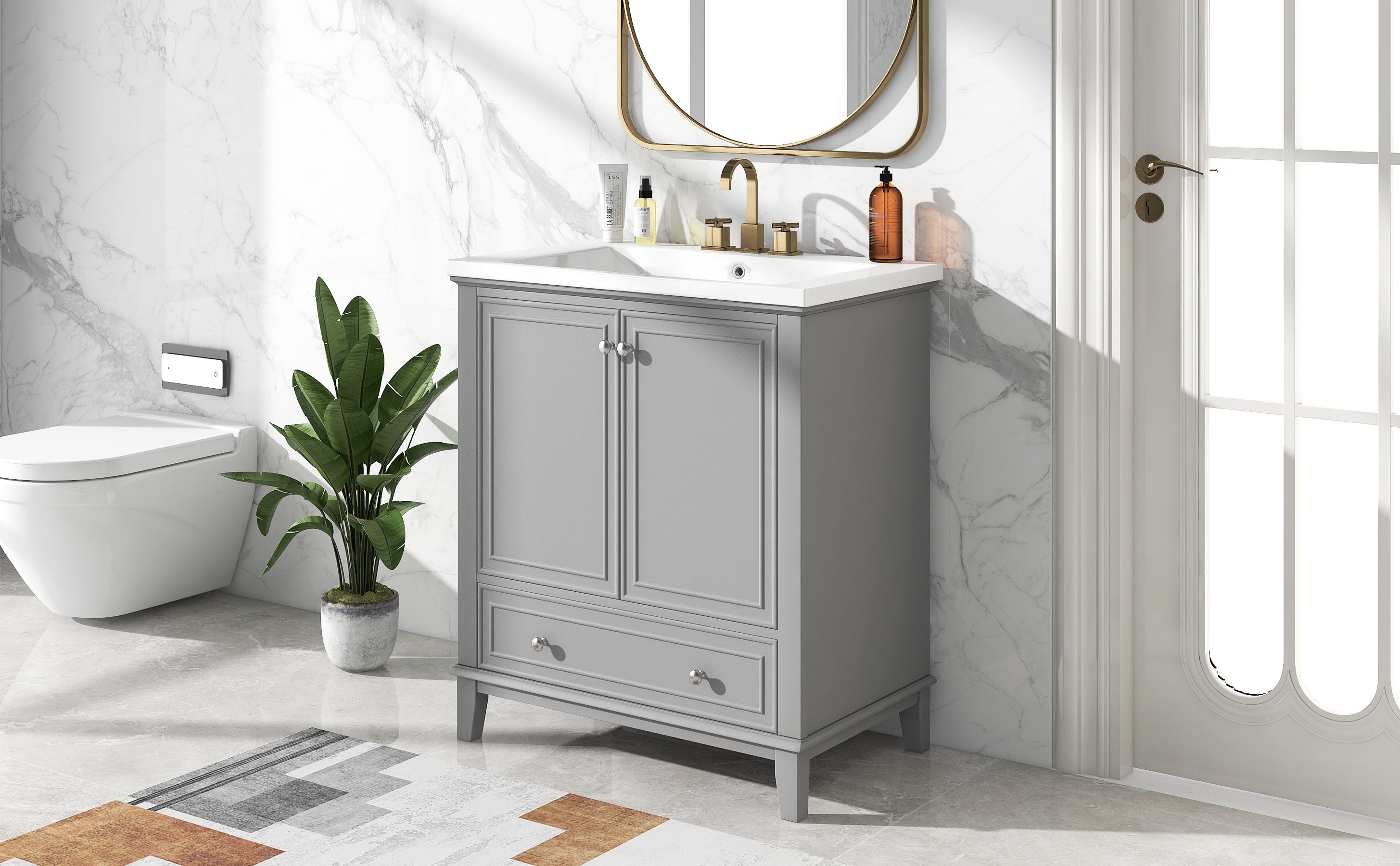 34.8" Tall Solid Wood+MDF 2-door Freestanding in Grey with Ceramic Basin