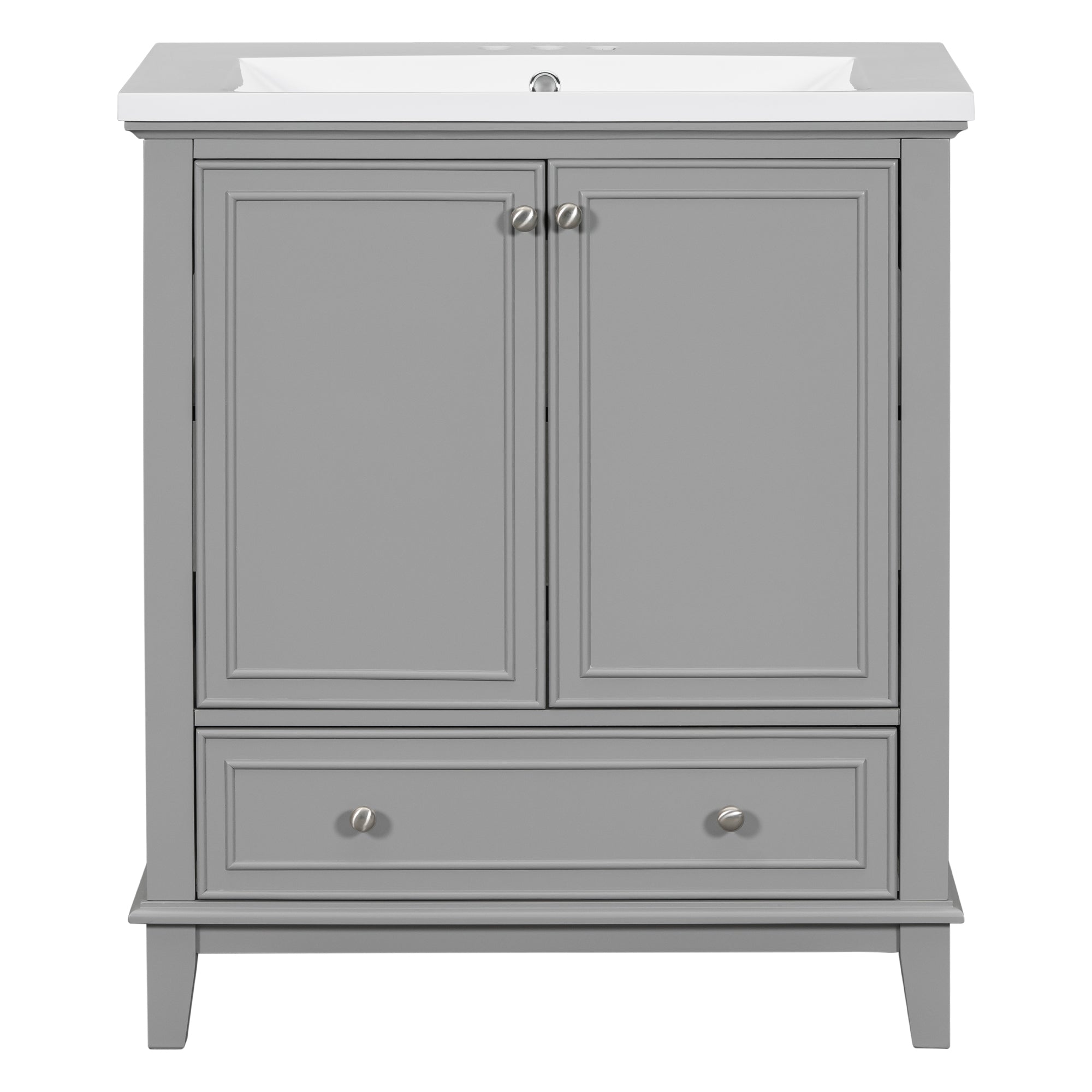 34.8" Tall Solid Wood+MDF 2-door Freestanding in Grey with Ceramic Basin
