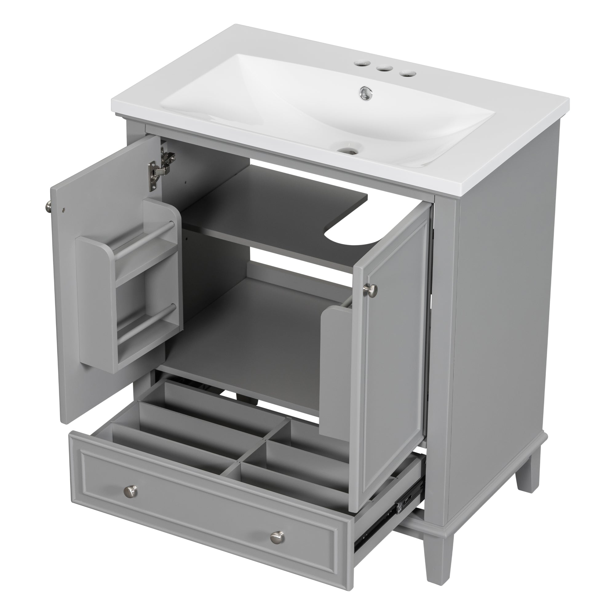 34.8" Tall Solid Wood+MDF 2-door Freestanding in Grey with Ceramic Basin