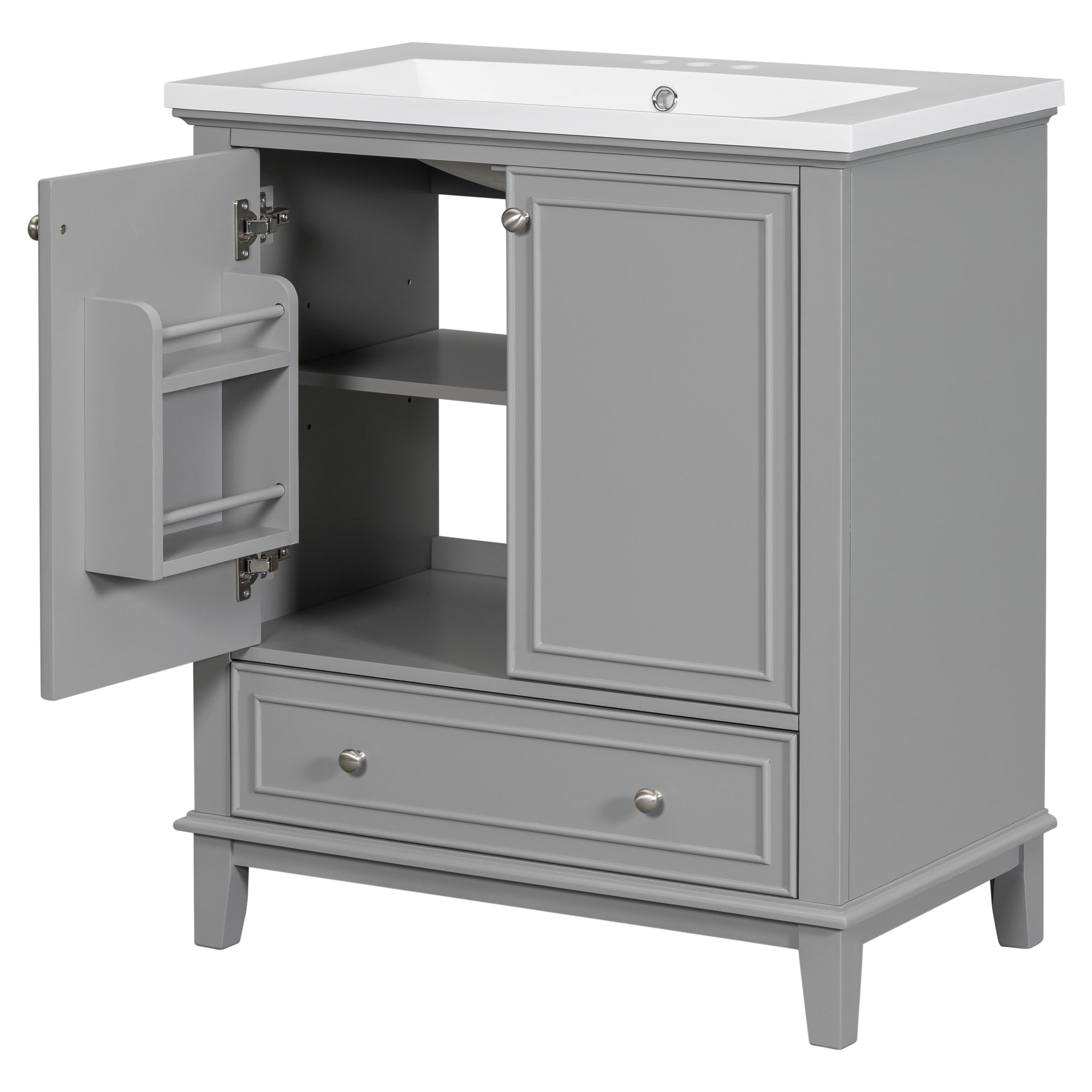 34.8" Tall Solid Wood+MDF 2-door Freestanding in Grey with Ceramic Basin