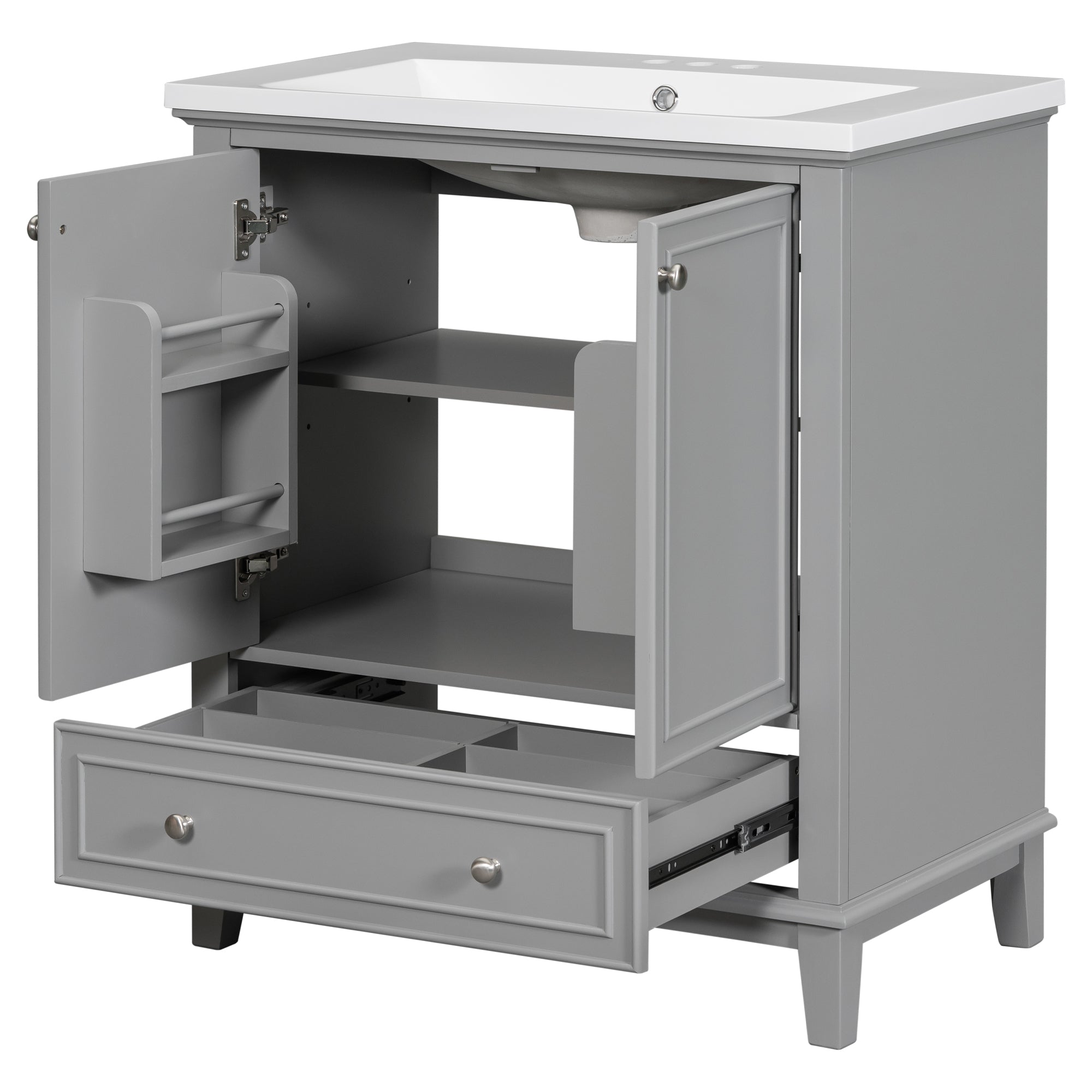 34.8" Tall Solid Wood+MDF 2-door Freestanding in Grey with Ceramic Basin