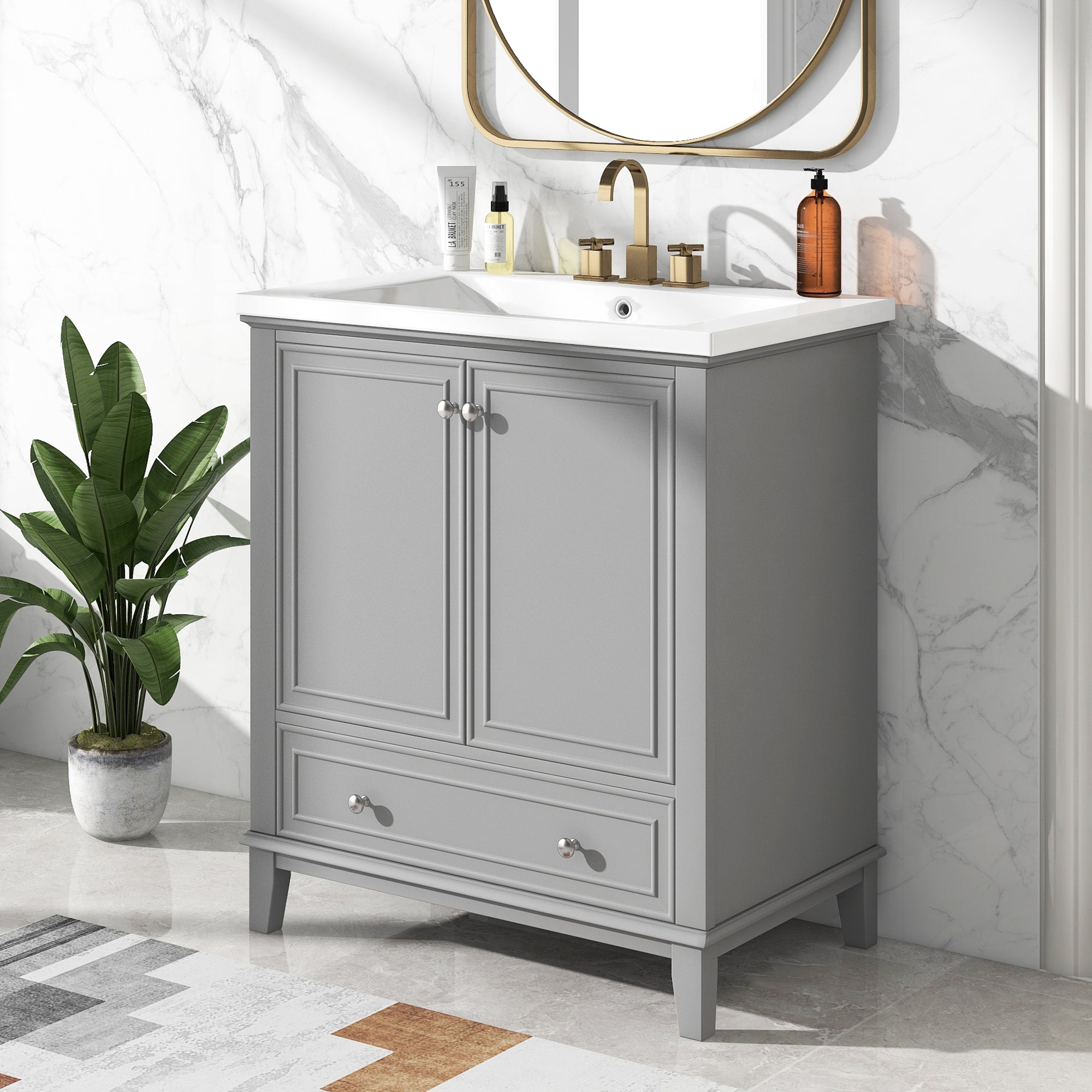 34.8" Tall Solid Wood+MDF 2-door Freestanding in Grey with Ceramic Basin