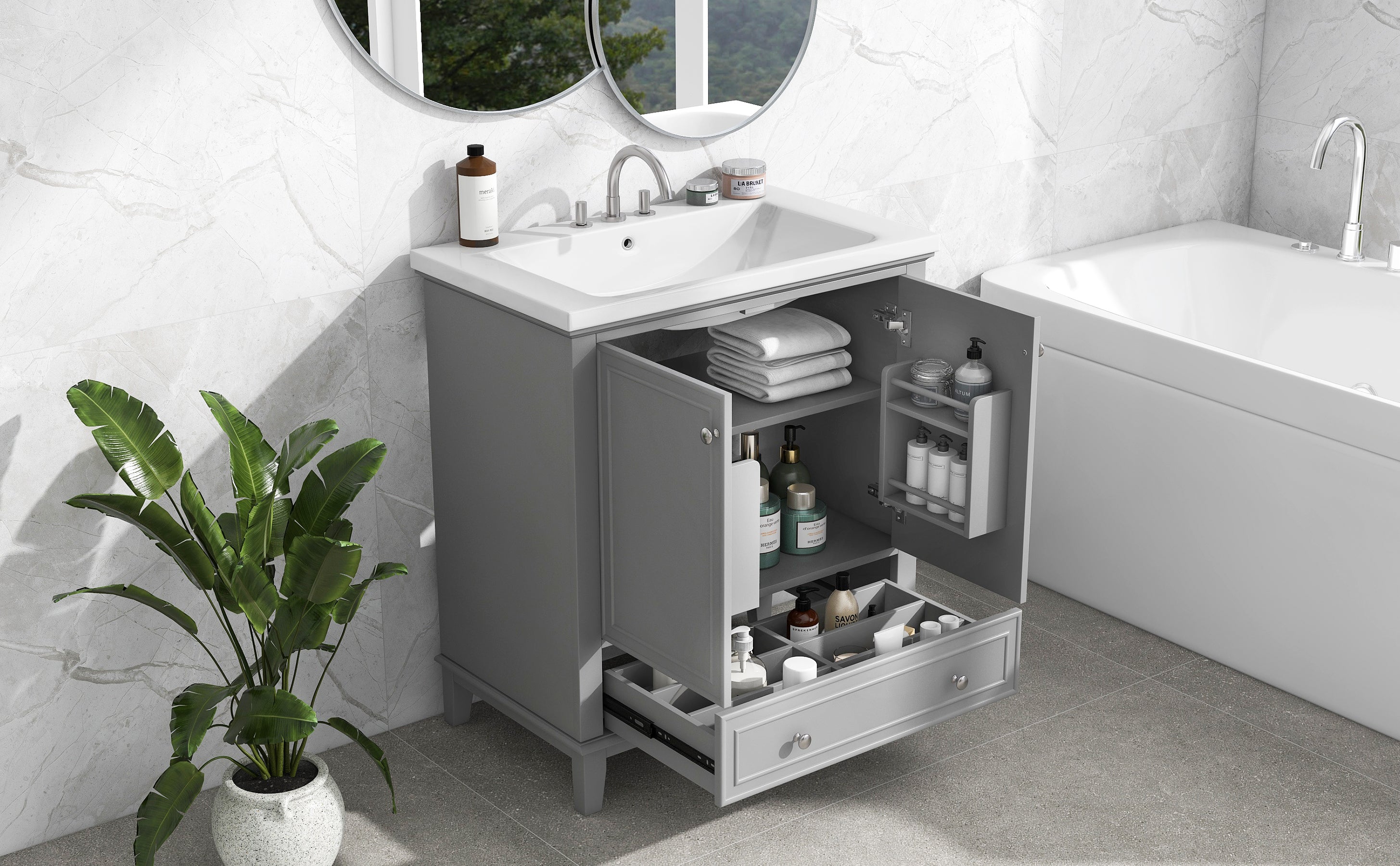 34.8" Tall Solid Wood+MDF 2-door Freestanding in Grey with Ceramic Basin