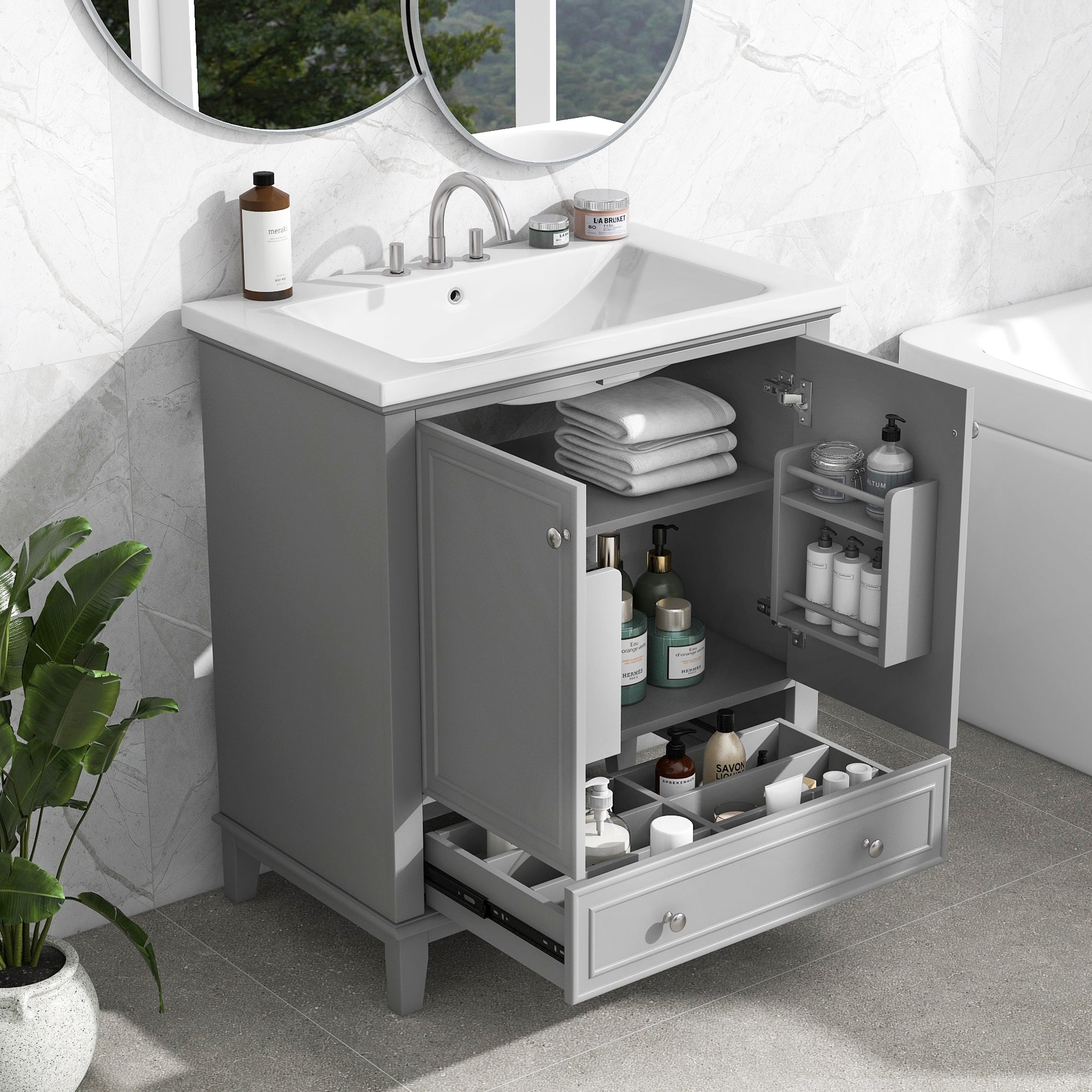 34.8" Tall Solid Wood+MDF 2-door Freestanding in Grey with Ceramic Basin