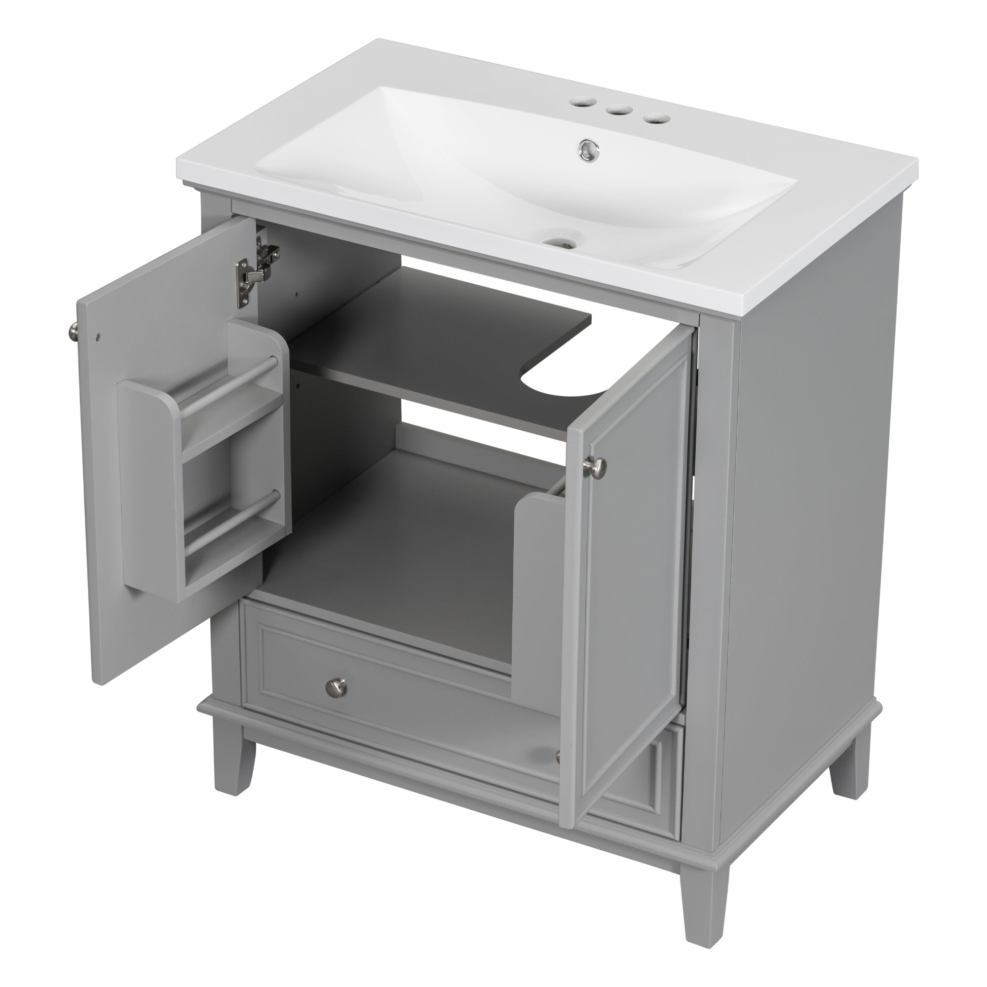 34.8" Tall Solid Wood+MDF 2-door Freestanding in Grey with Ceramic Basin