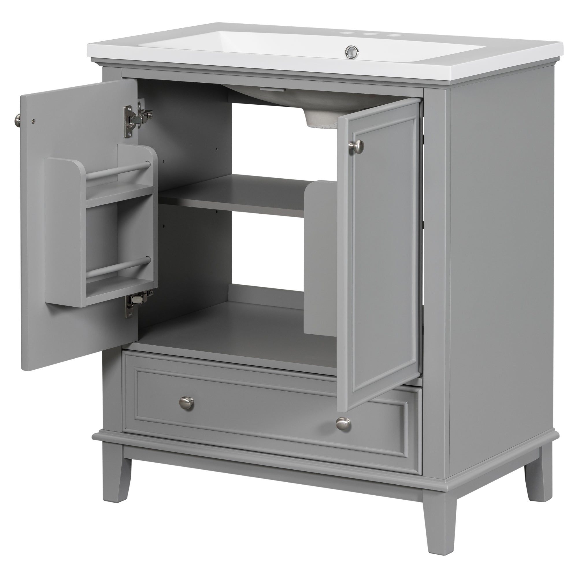 34.8" Tall Solid Wood+MDF 2-door Freestanding in Grey with Ceramic Basin