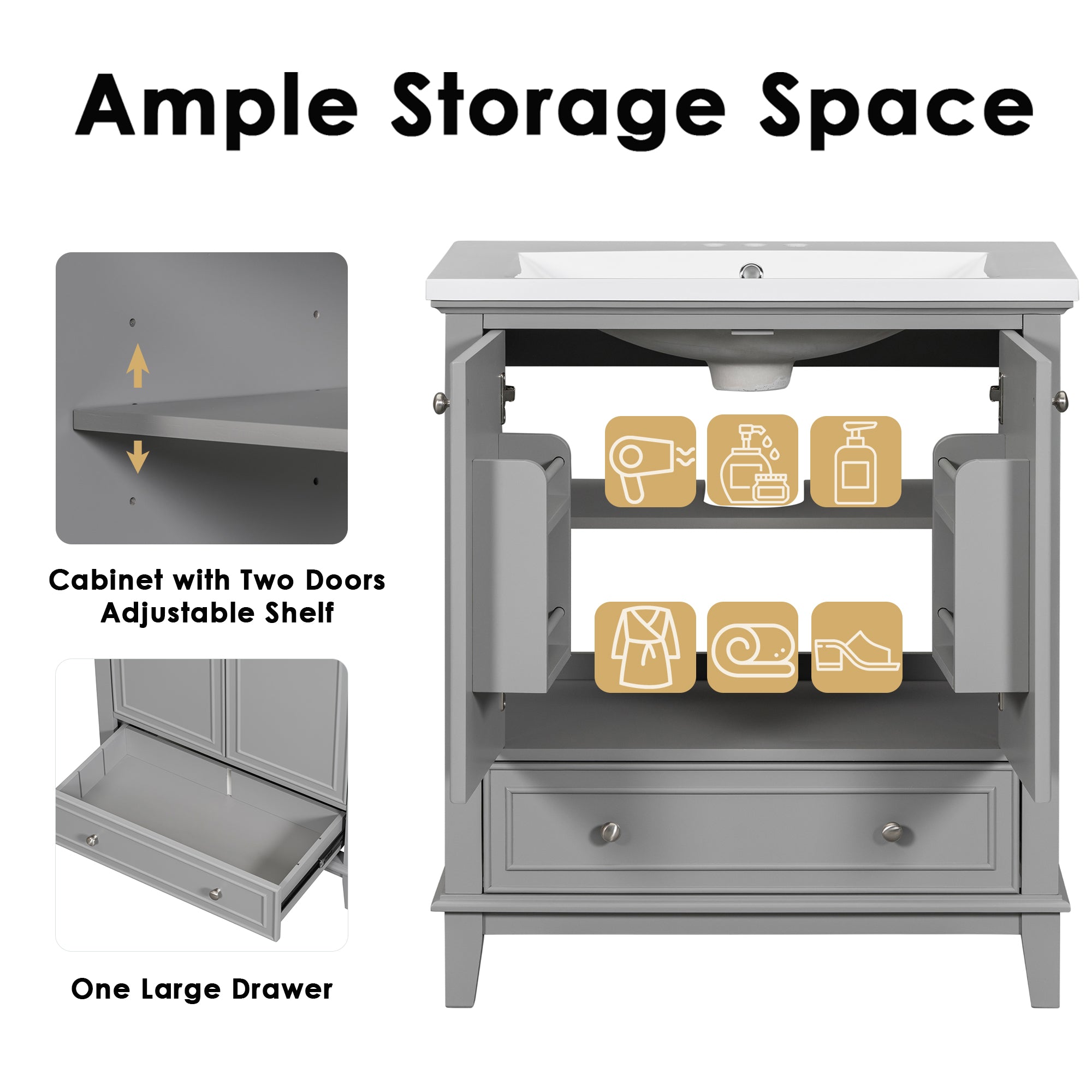 34.8" Tall Solid Wood with MDF 2-Door Freestanding with Basin
