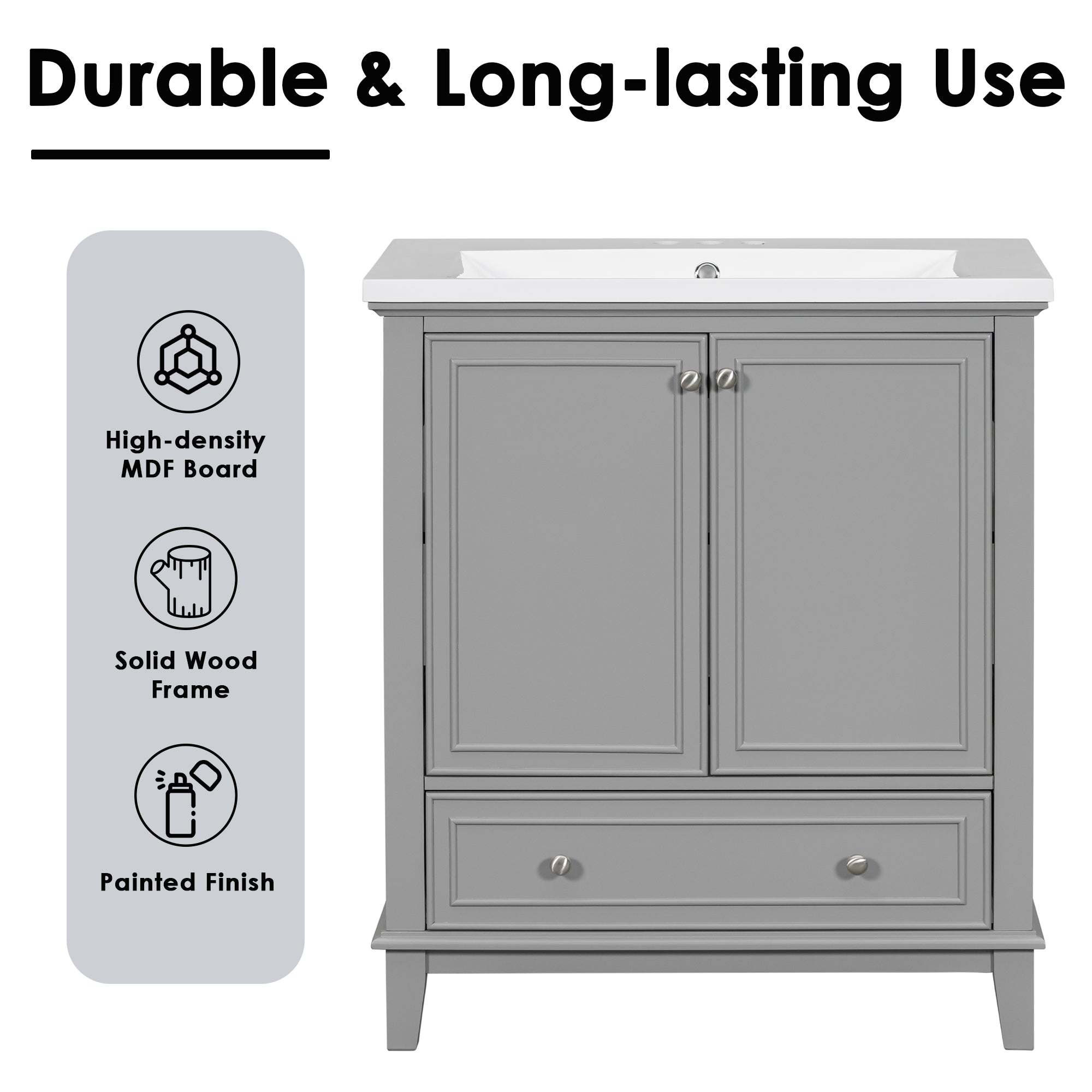 34.8" Tall Solid Wood+MDF 2-door Freestanding in Grey with Ceramic Basin
