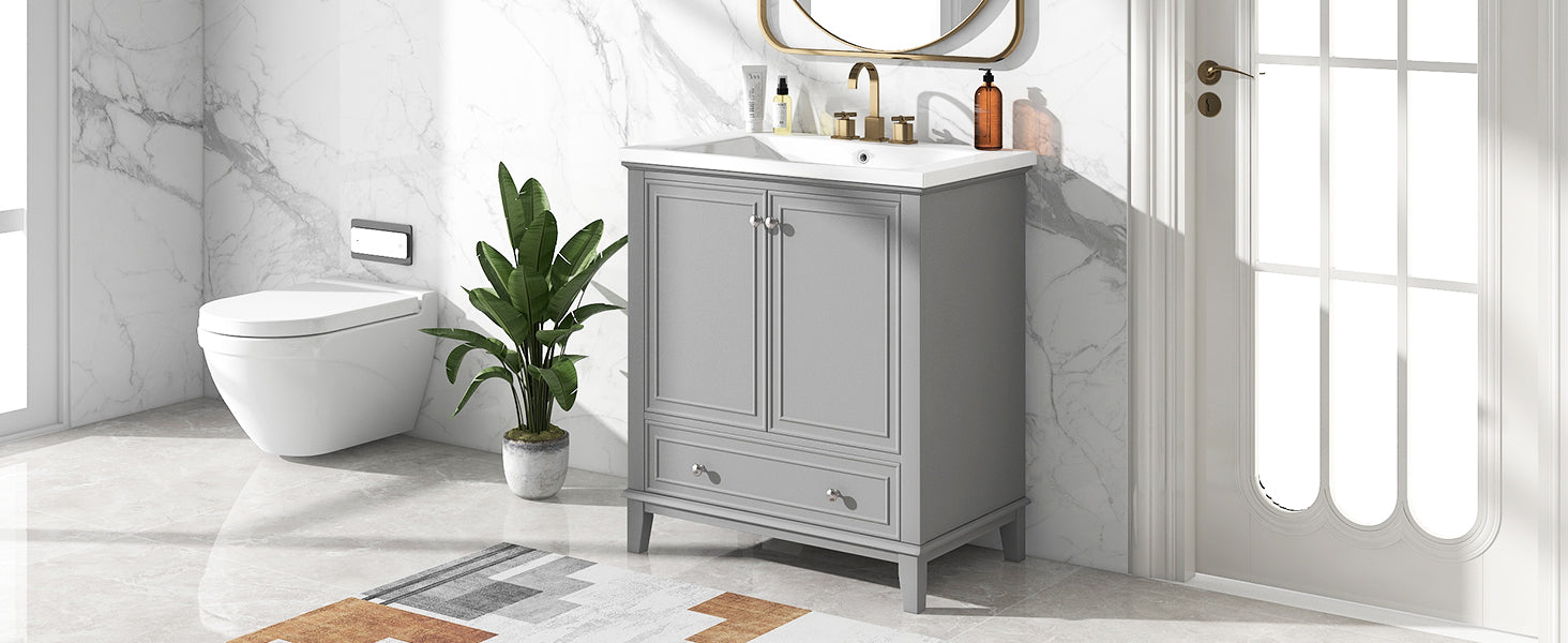 34.8" Tall Solid Wood+MDF 2-door Freestanding in Grey with Ceramic Basin
