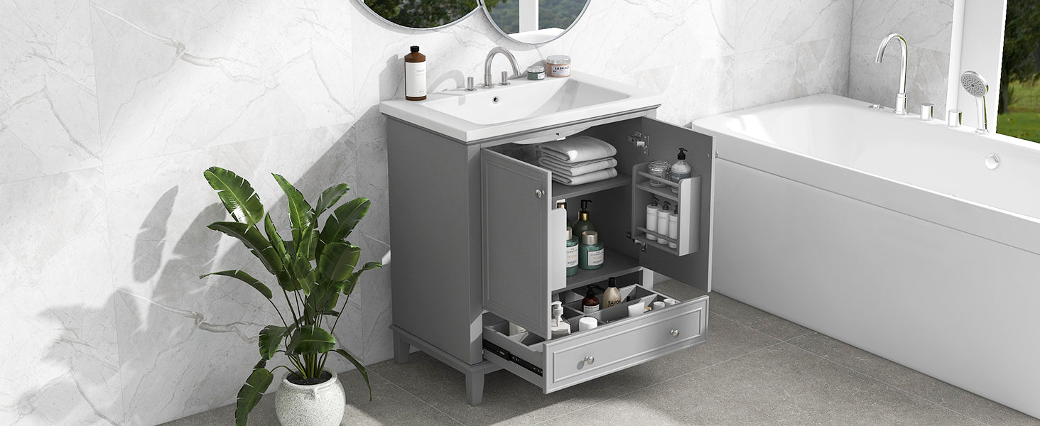 34.8" Tall Solid Wood+MDF 2-door Freestanding in Grey with Ceramic Basin