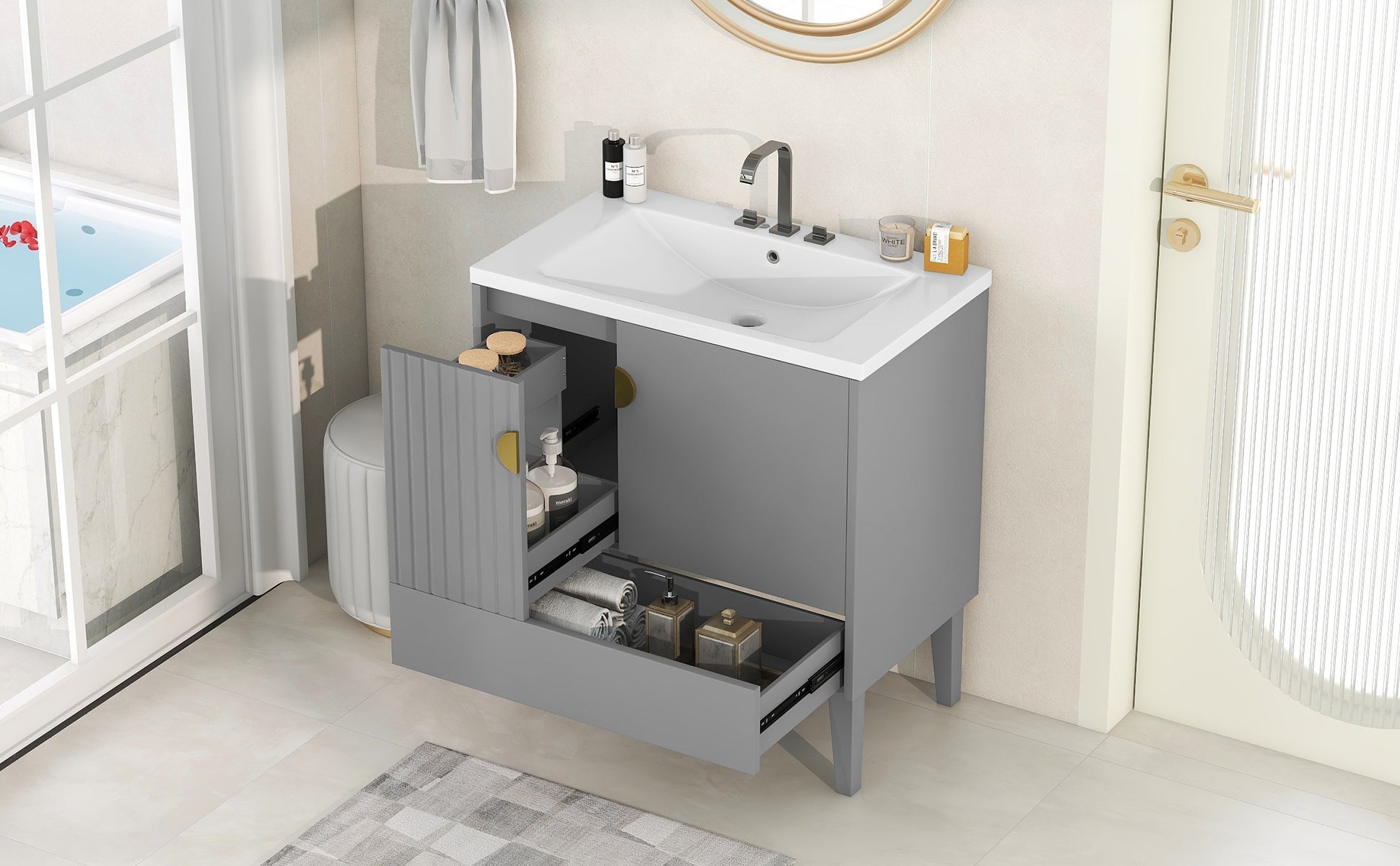 30 Inch Freestanding Bathroom Vanity Set in Green with Drawer and Ceramic Sink