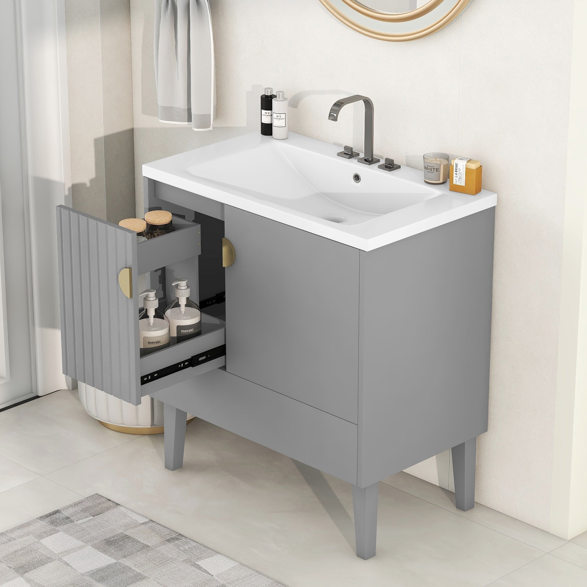 30 Inch Freestanding Bathroom Vanity Set in Green with Drawer and Ceramic Sink