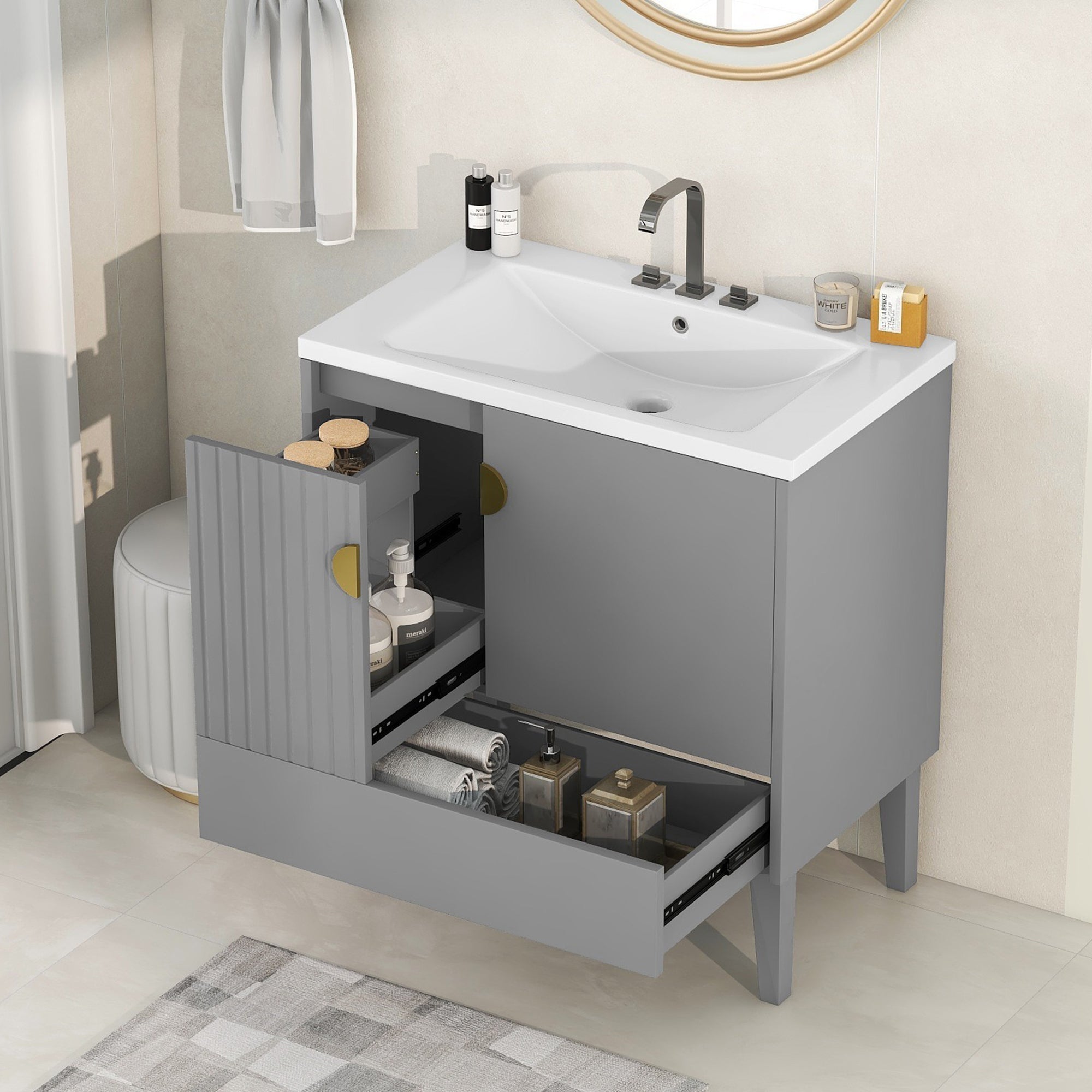 30 Inch Freestanding Bathroom Vanity Set in Green with Drawer and Ceramic Sink