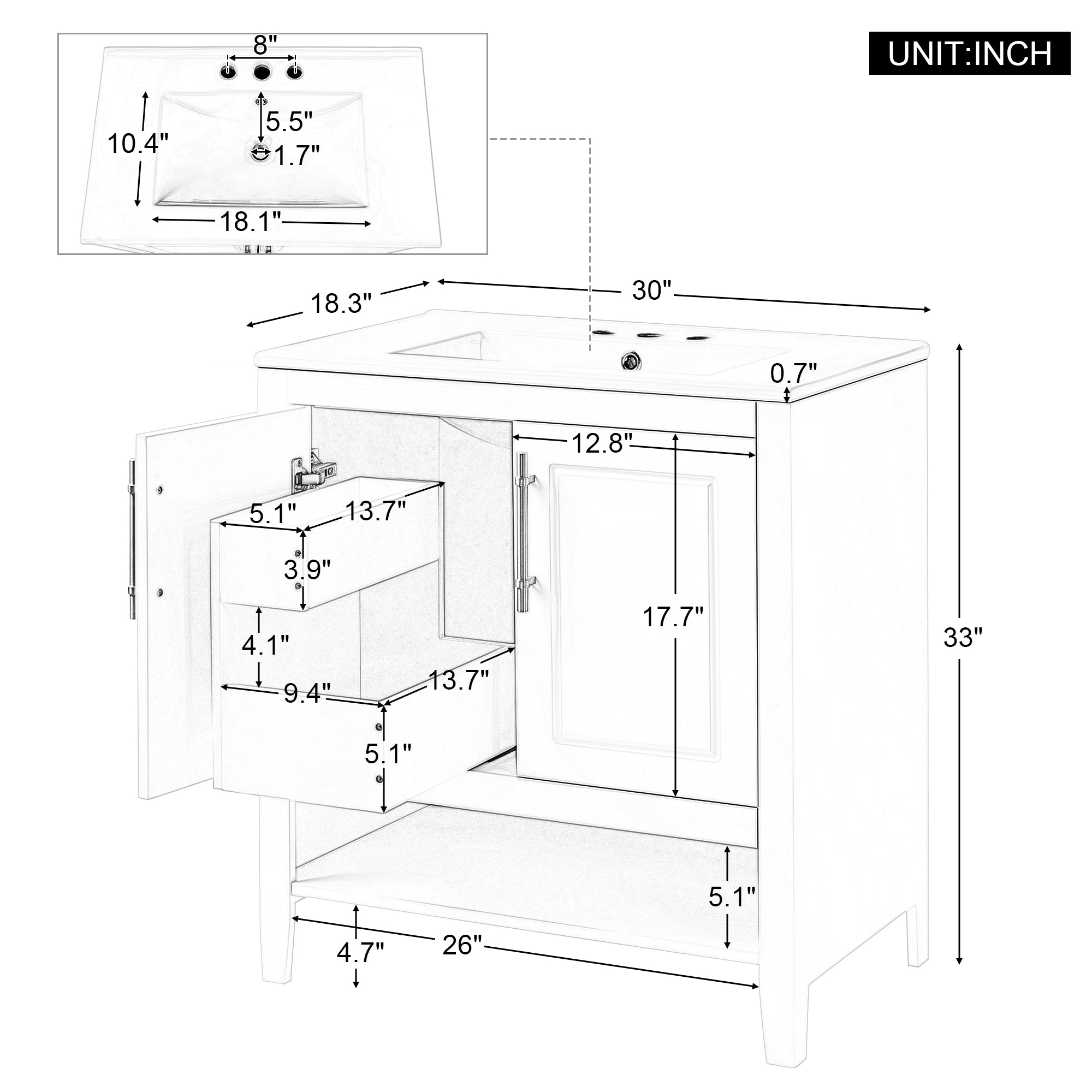 30 Inch Freestanding Bathroom Vanity Set  with Ceramic Sink and Doors