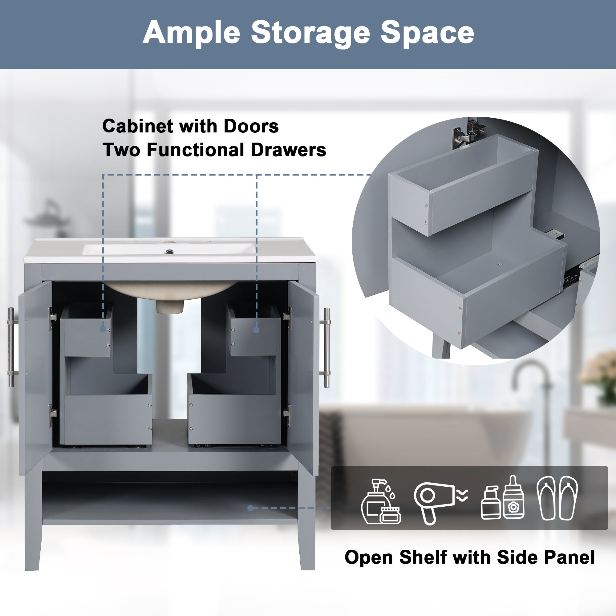 30 Inch Freestanding Bathroom Vanity Set  with Ceramic Sink and Doors