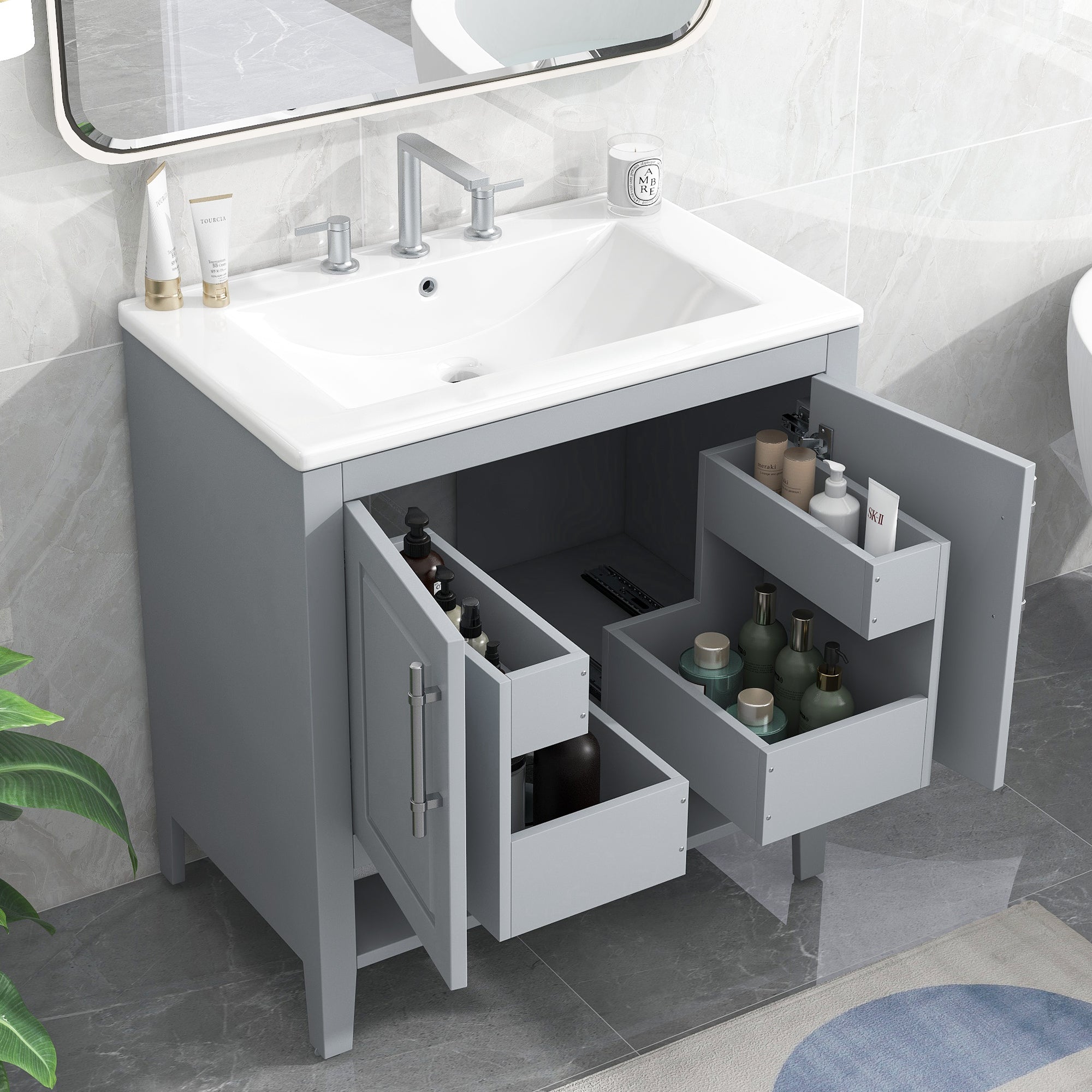 30 Inch Freestanding Bathroom Vanity Set  with Ceramic Sink and Doors