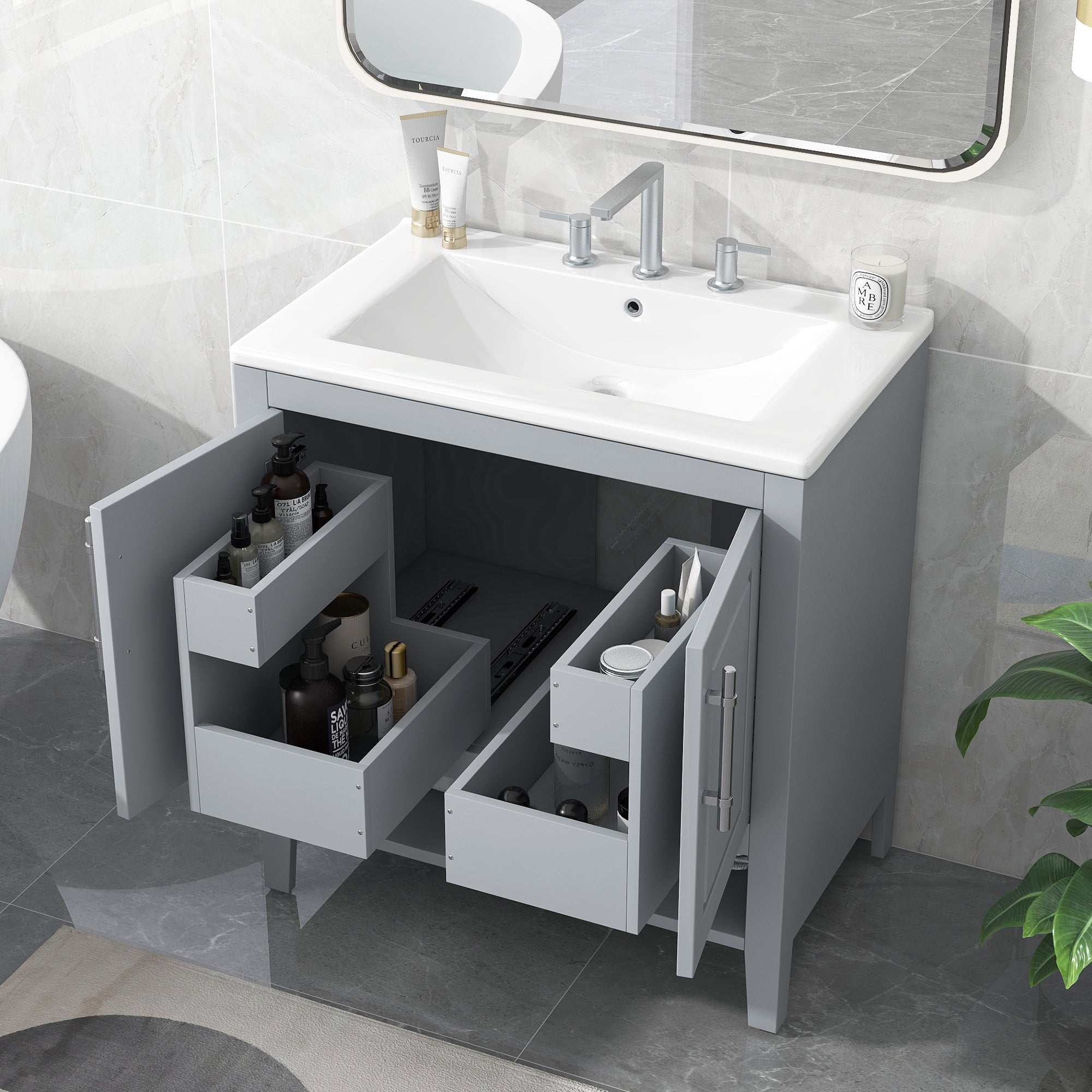 30 Inch Freestanding Bathroom Vanity Set  with Ceramic Sink and Doors