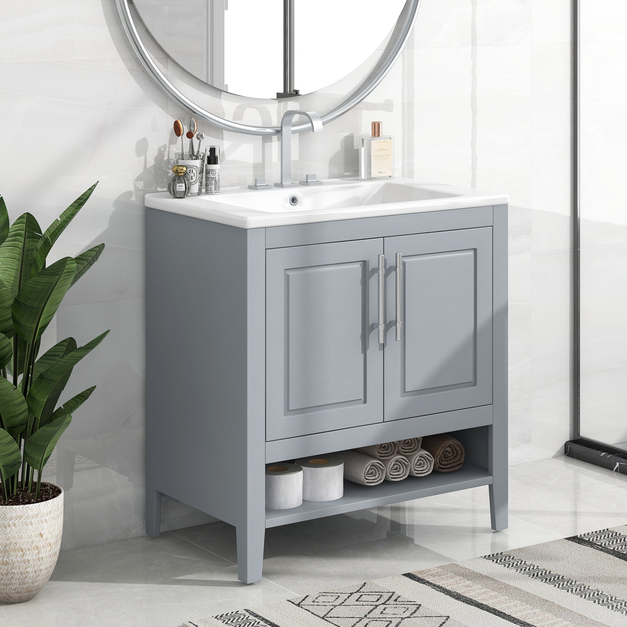 30 Inch Freestanding Bathroom Vanity Set  with Ceramic Sink and Doors