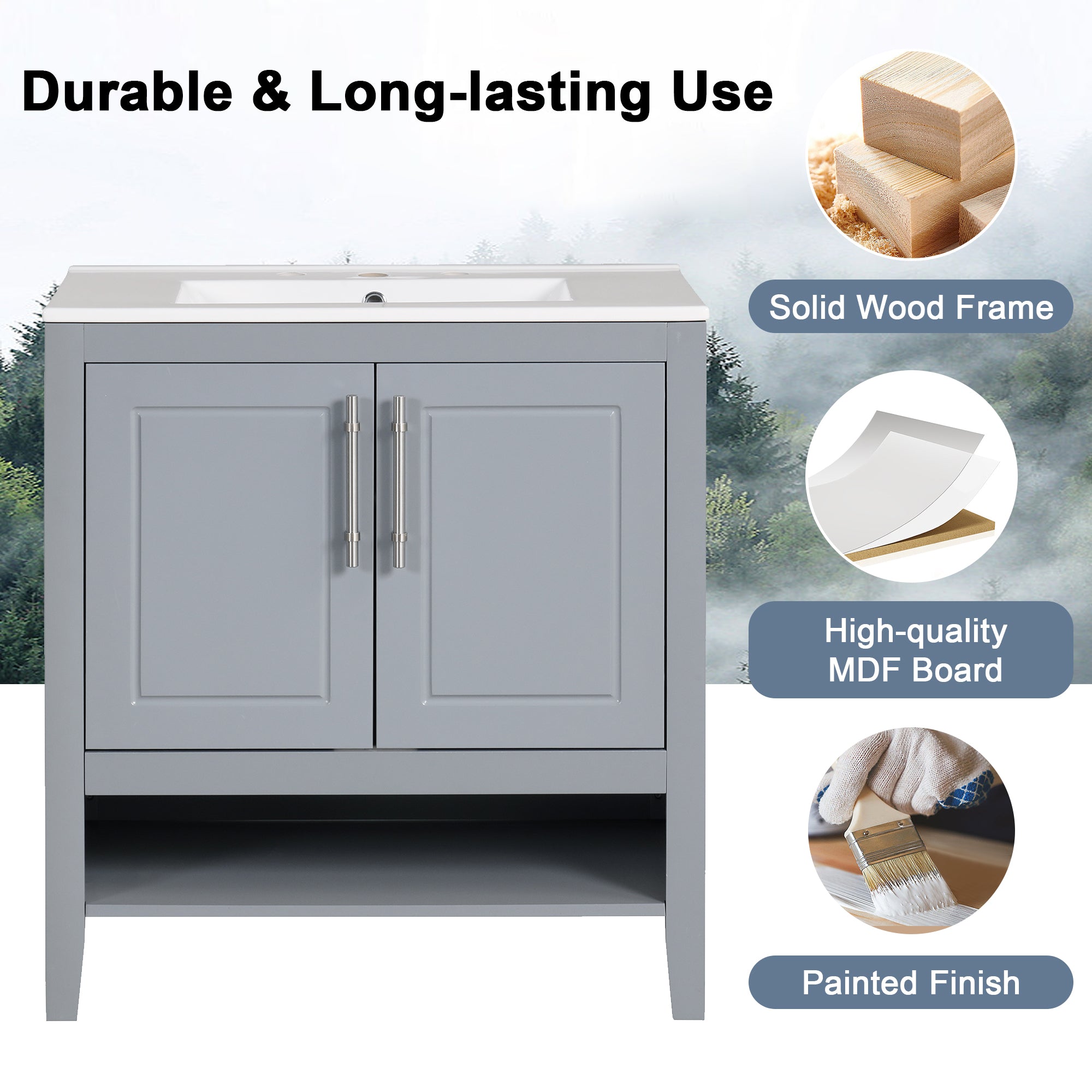 30 Inch Freestanding Bathroom Vanity Set  with Ceramic Sink and Doors