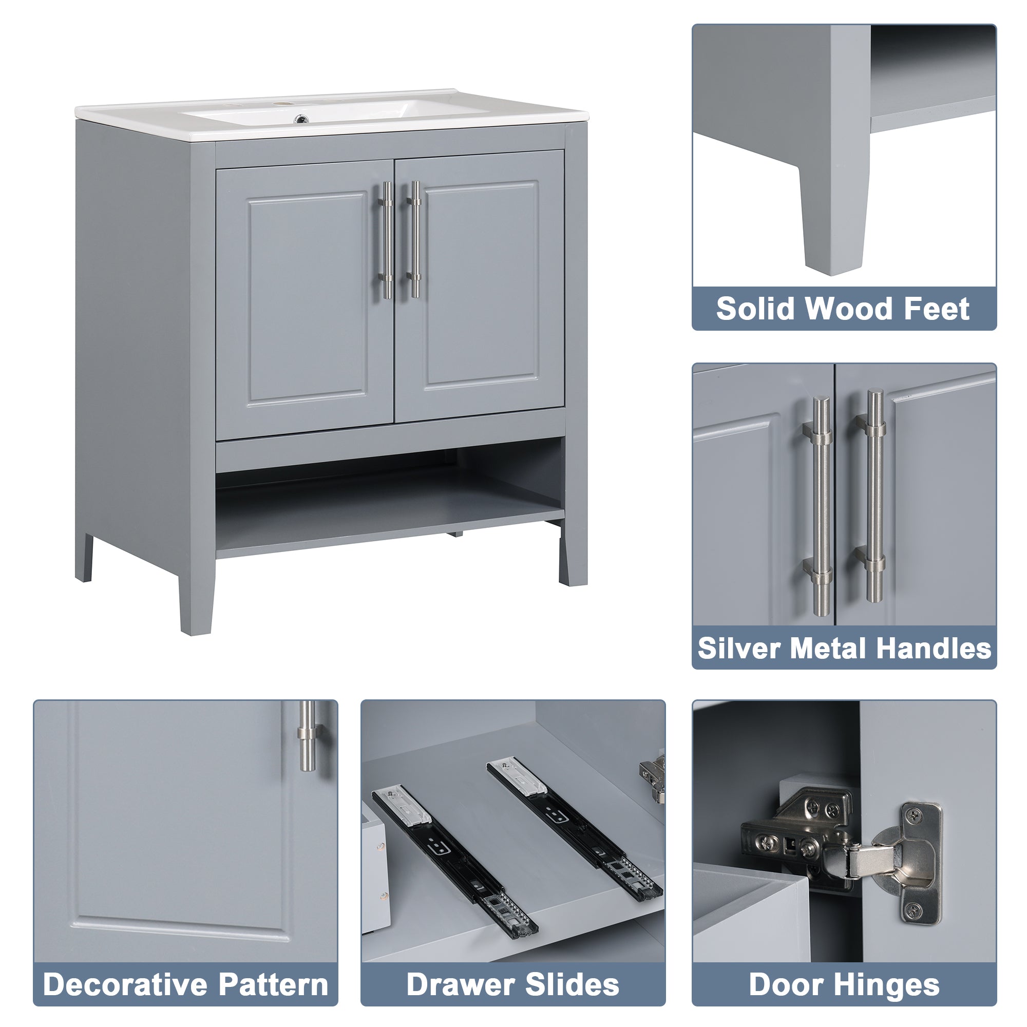 30 Inch Freestanding Bathroom Vanity Set  with Ceramic Sink and Doors