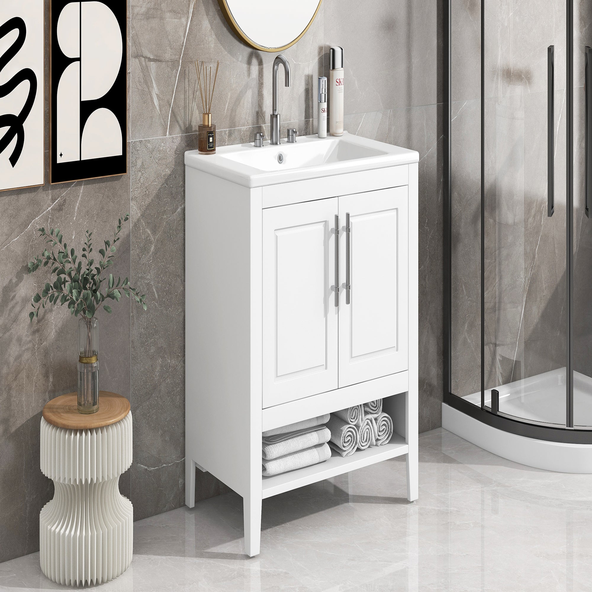 30 Inch Freestanding Bathroom Vanity Set in Green with Drawer and Ceramic Sink