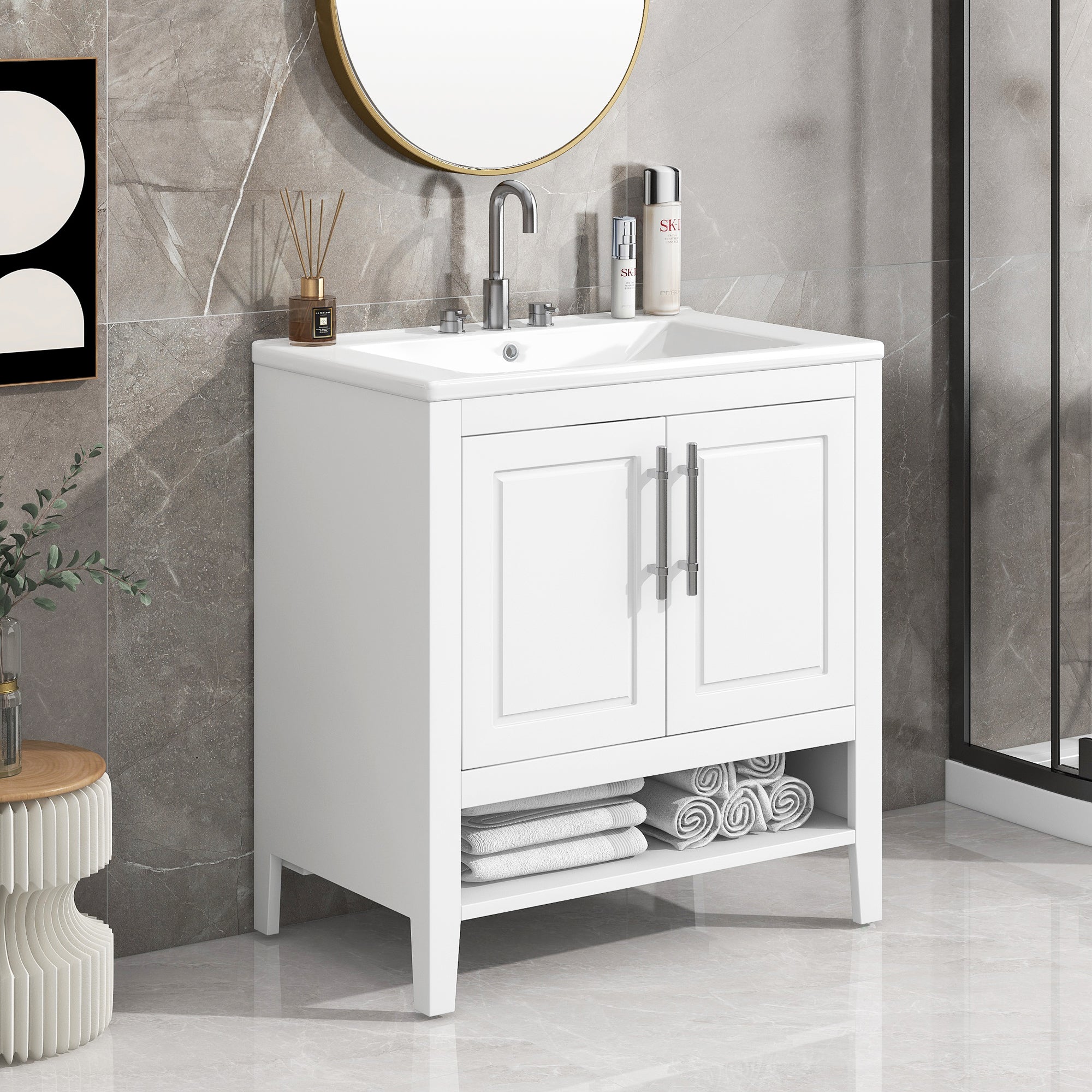 30 Inch Freestanding Bathroom Vanity Set in Green with Drawer and Ceramic Sink