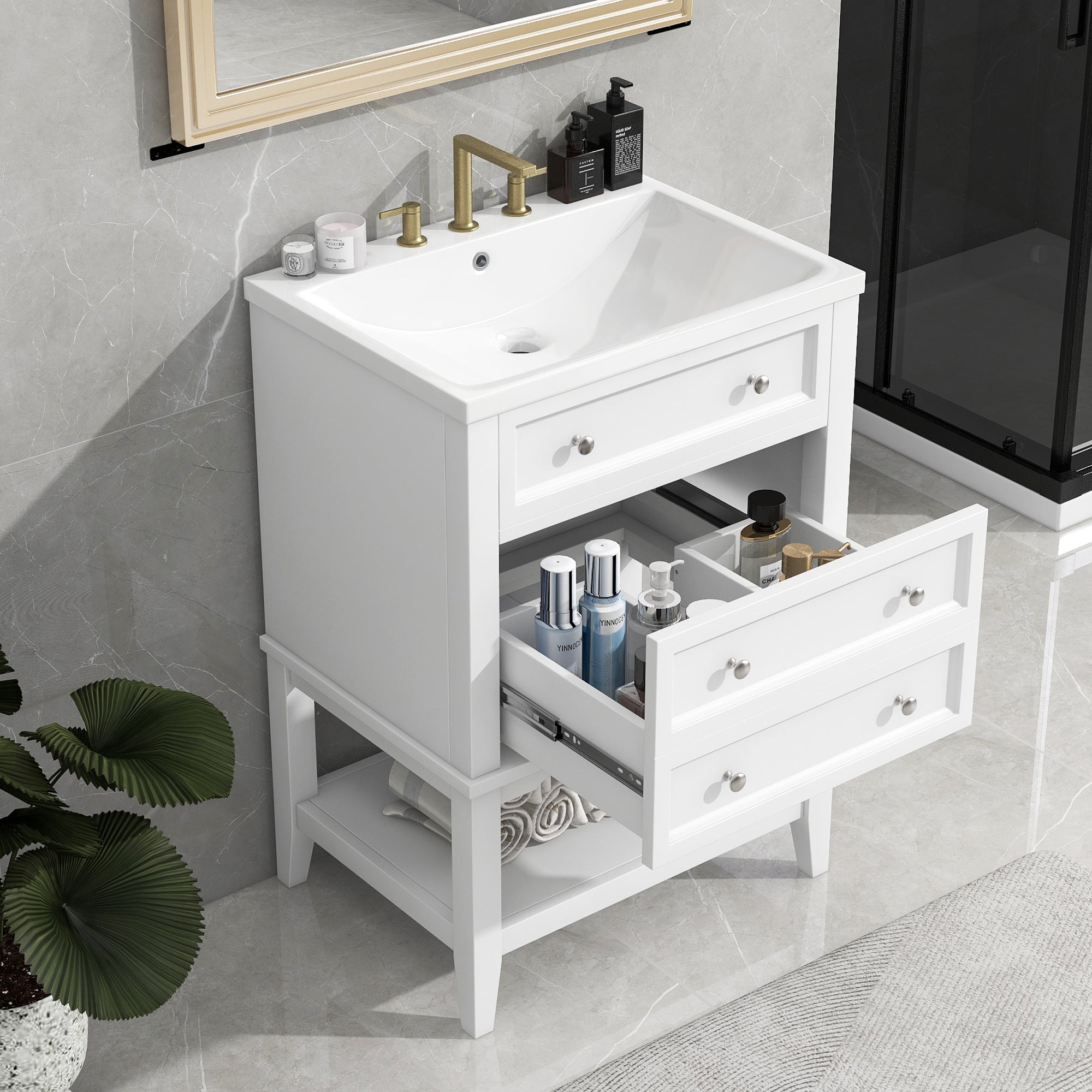24 Inch MDF Freestanding Bathroom Vanity Set in White Integrated Ceramic Sink