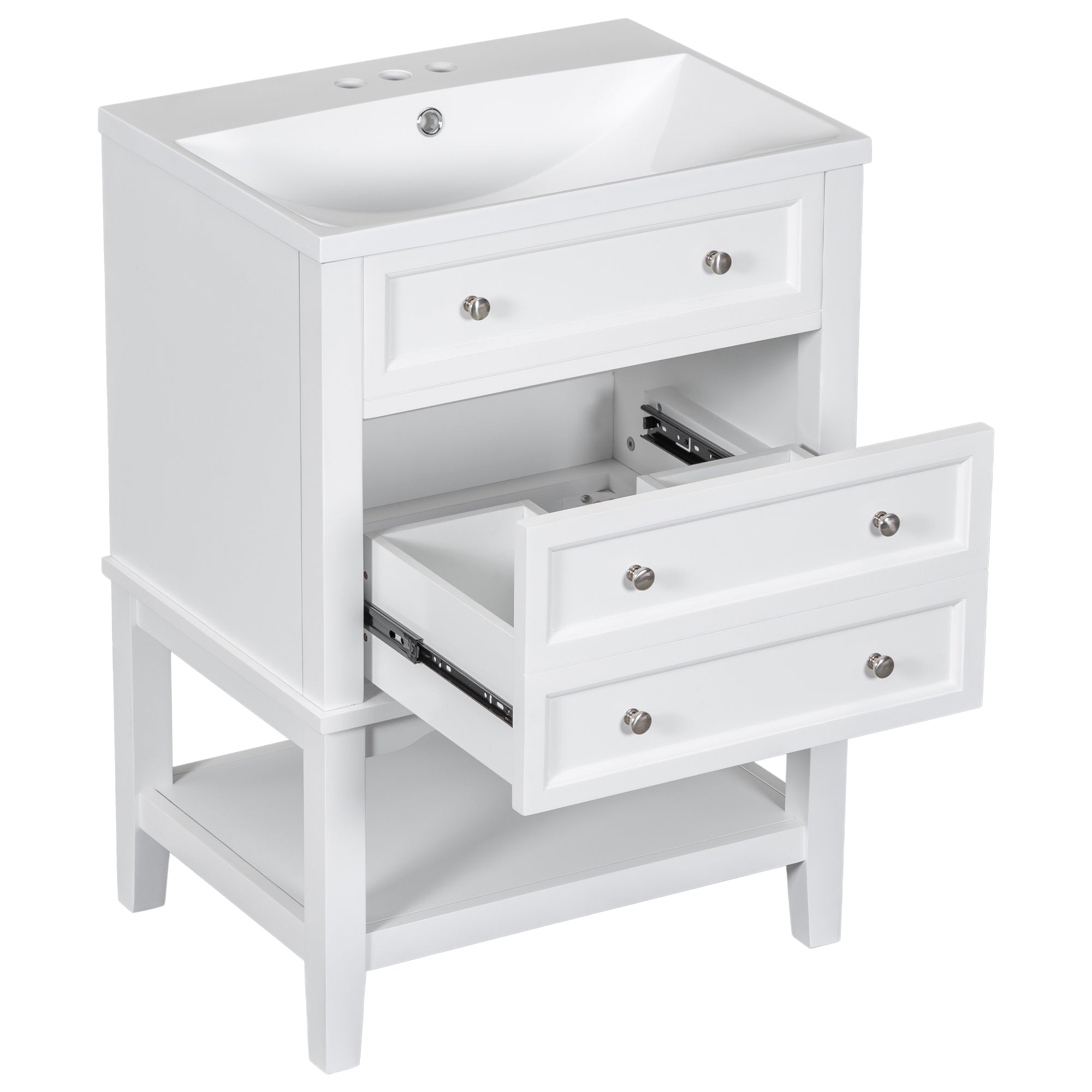 24 Inch MDF Freestanding Bathroom Vanity Set in White Integrated Ceramic Sink