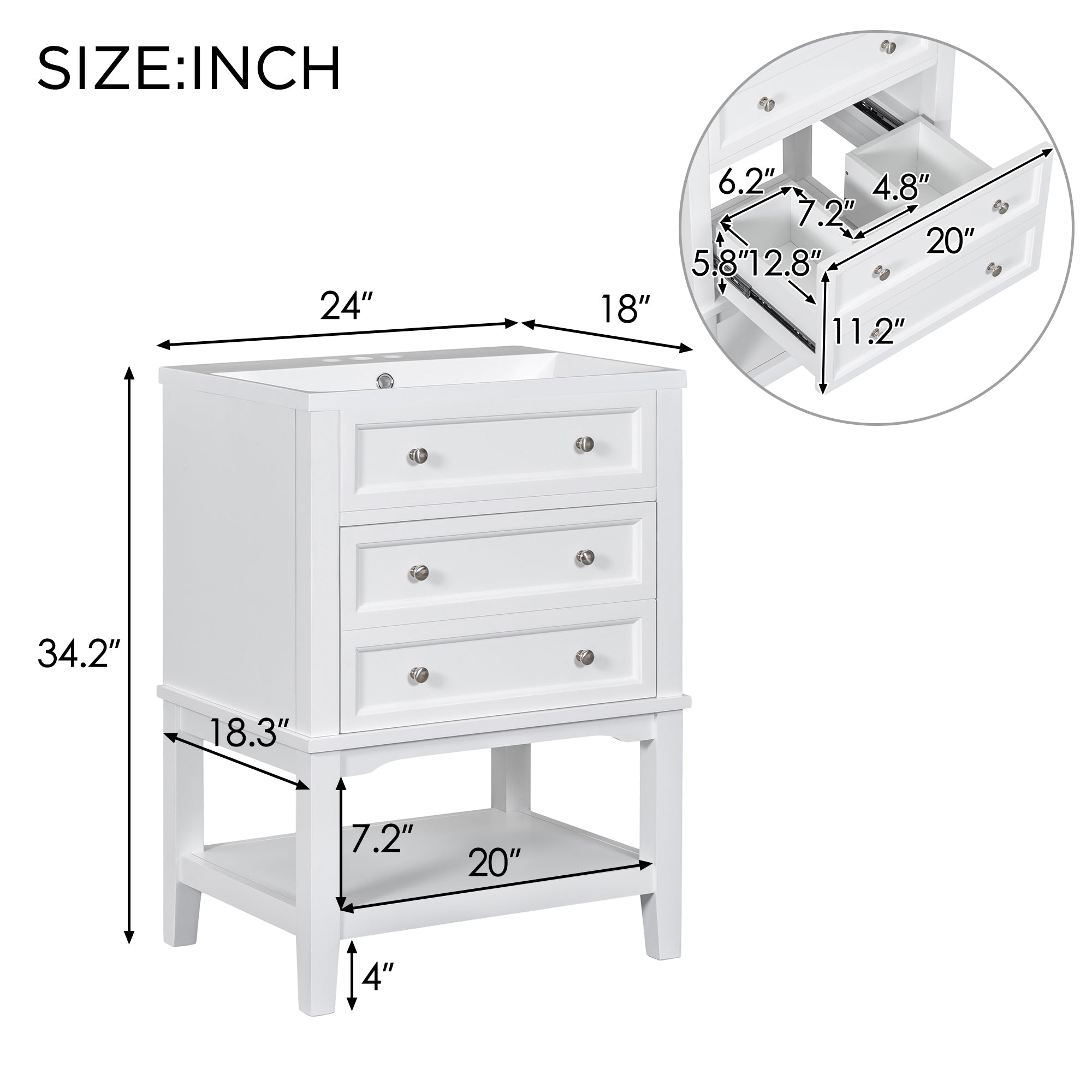 24 Inch MDF Freestanding Bathroom Vanity Set in White Integrated Ceramic Sink