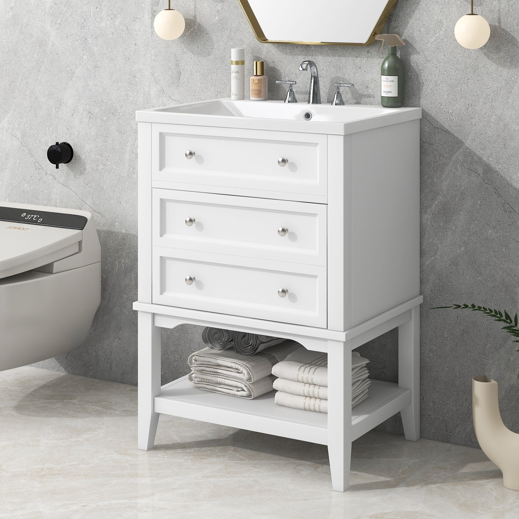 24 Inch MDF Freestanding Bathroom Vanity Set in White Integrated Ceramic Sink
