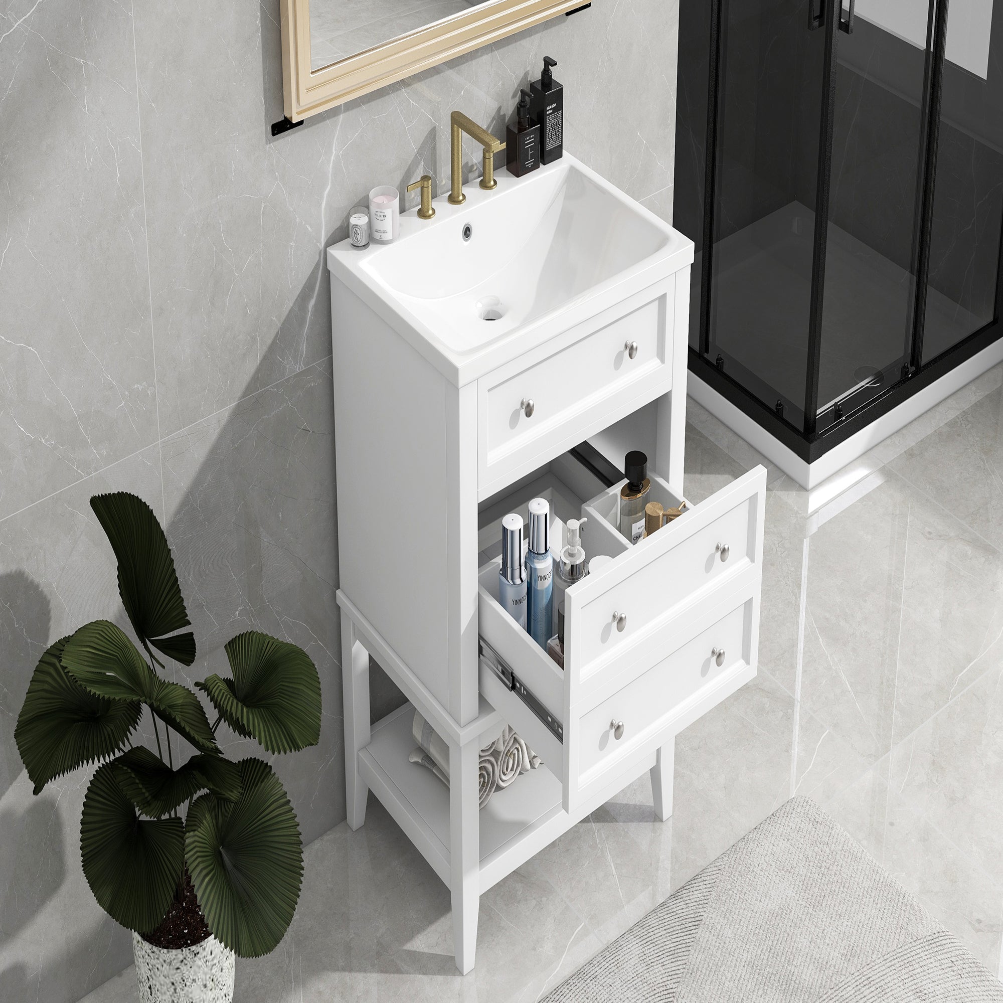 24 Inch MDF Freestanding Bathroom Vanity Set in White Integrated Ceramic Sink