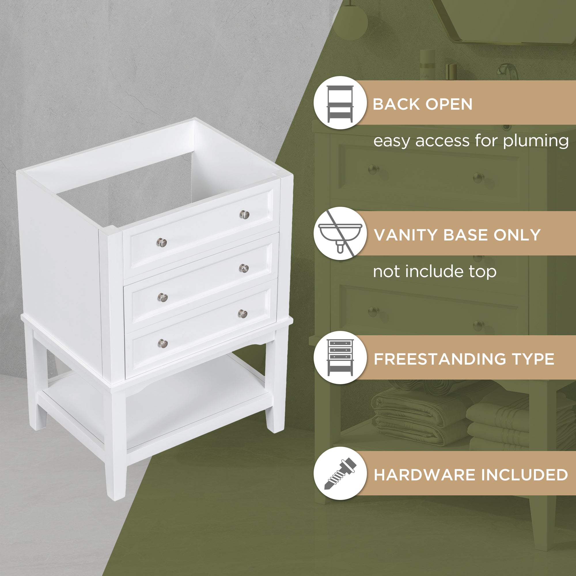 24 Inch MDF Freestanding Bathroom Vanity Set in White Integrated Ceramic Sink