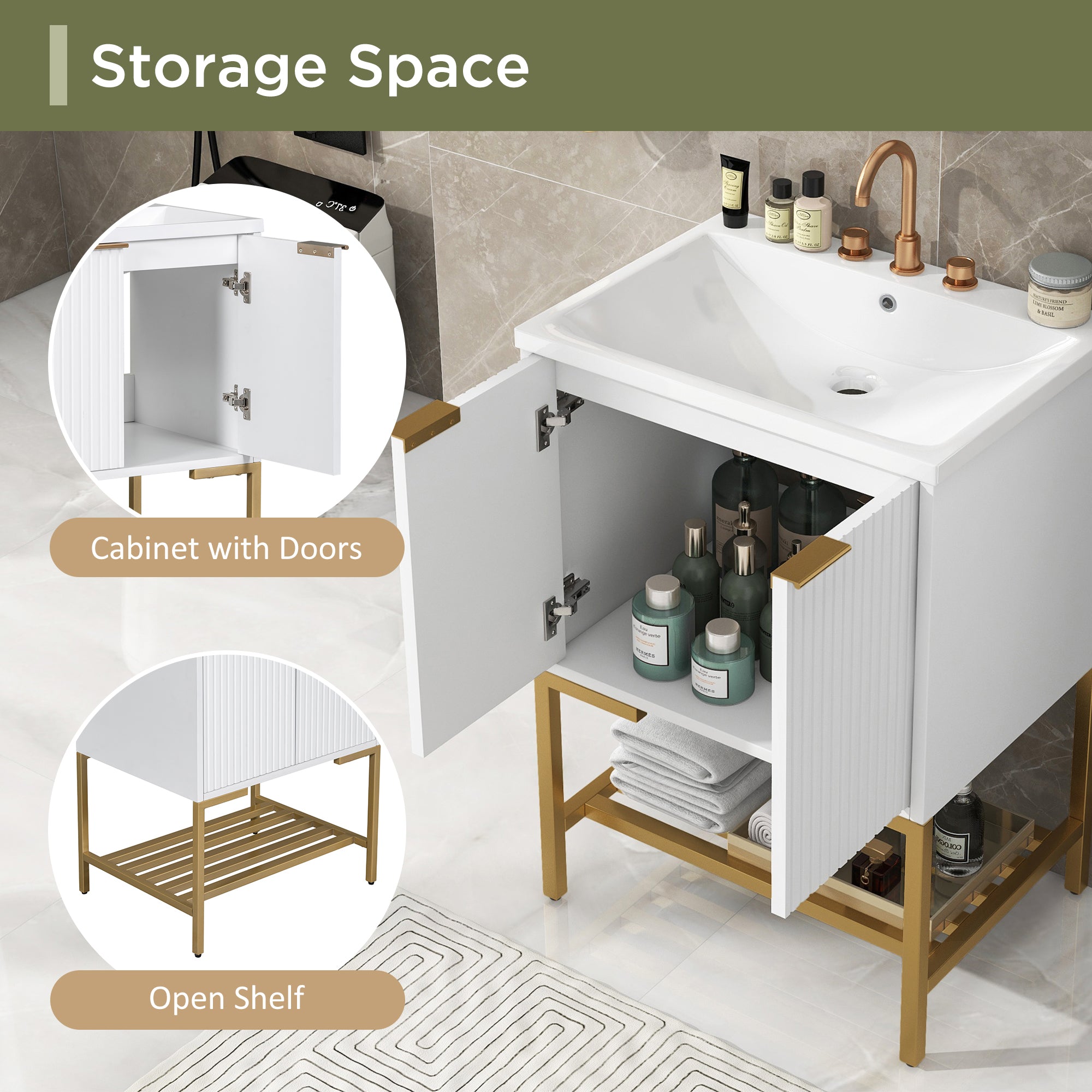 24 Inch MDF Freestanding Bathroom Vanity Set in White Integrated Ceramic Sink