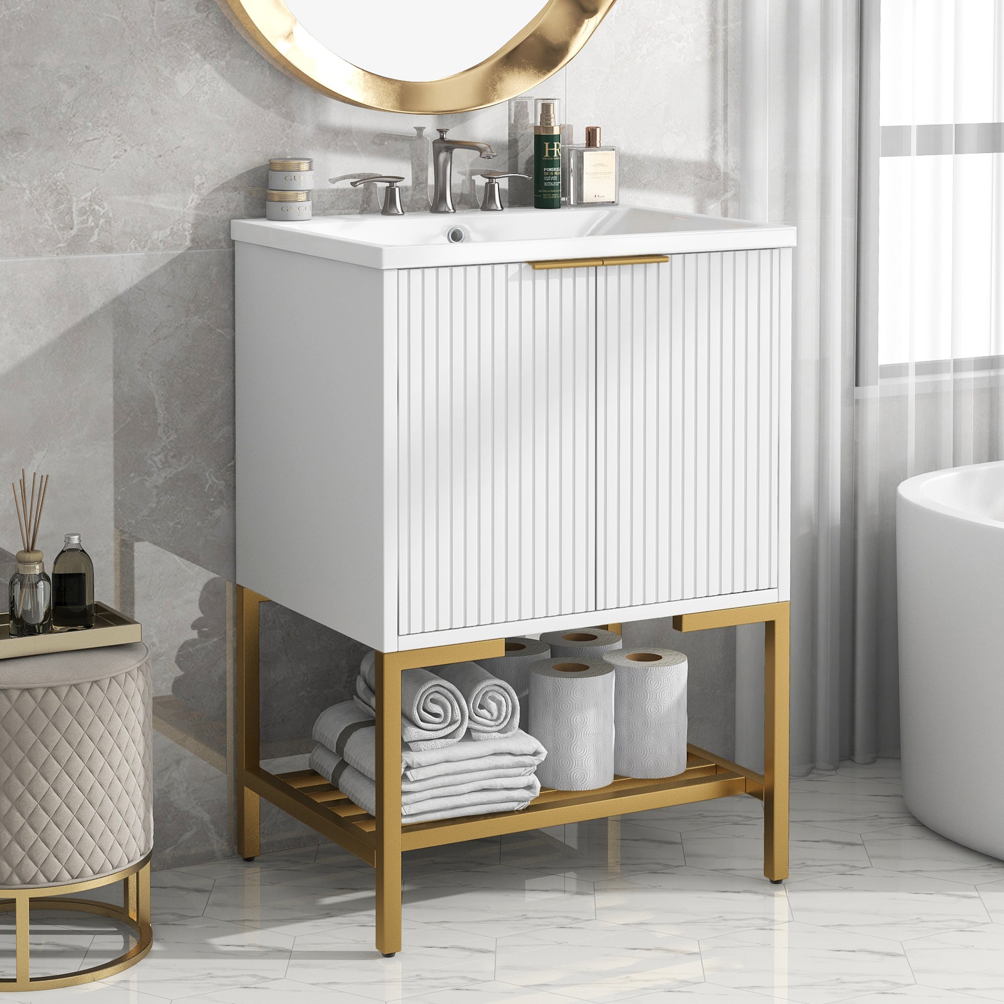 24 Inch MDF Freestanding Bathroom Vanity Set in White Integrated Ceramic Sink