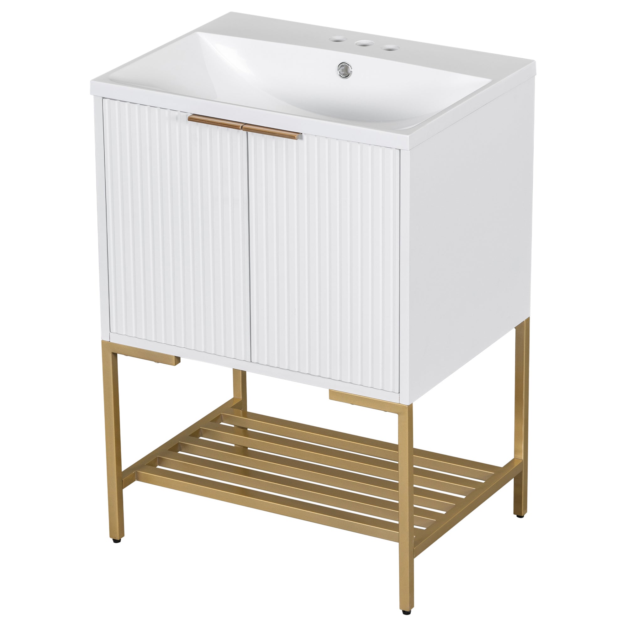 24 Inch MDF Freestanding Bathroom Vanity Set in White Integrated Ceramic Sink