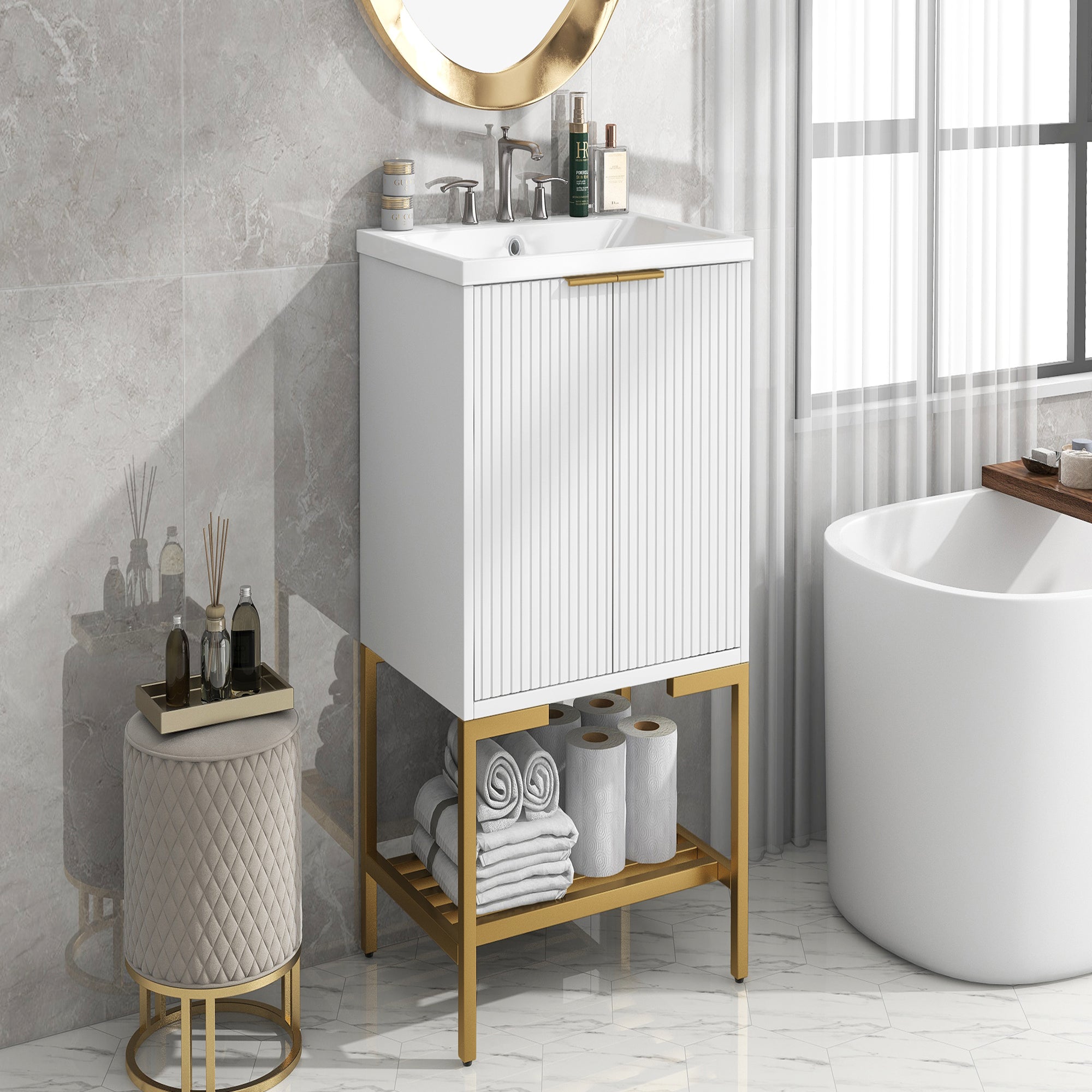 24 Inch MDF Freestanding Bathroom Vanity Set in White Integrated Ceramic Sink