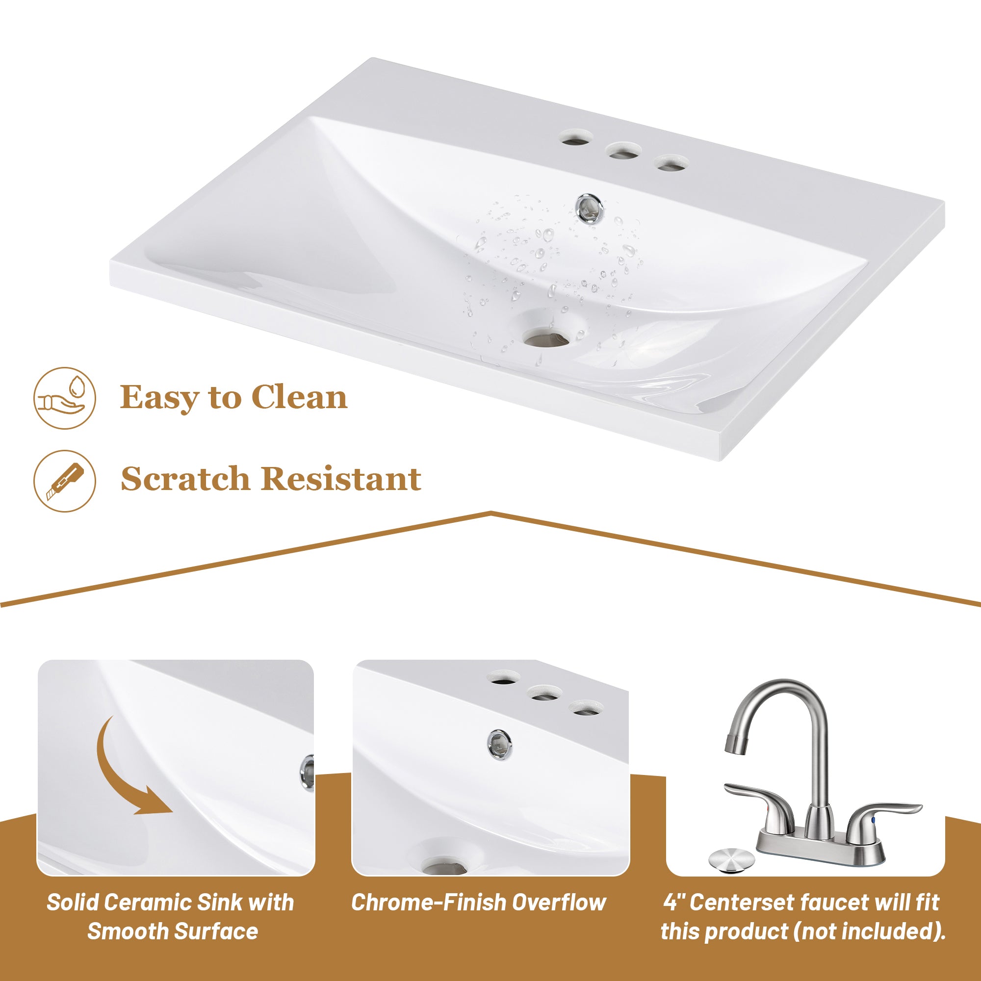 24 Inch MDF Freestanding Bathroom Vanity Set in White Integrated Ceramic Sink