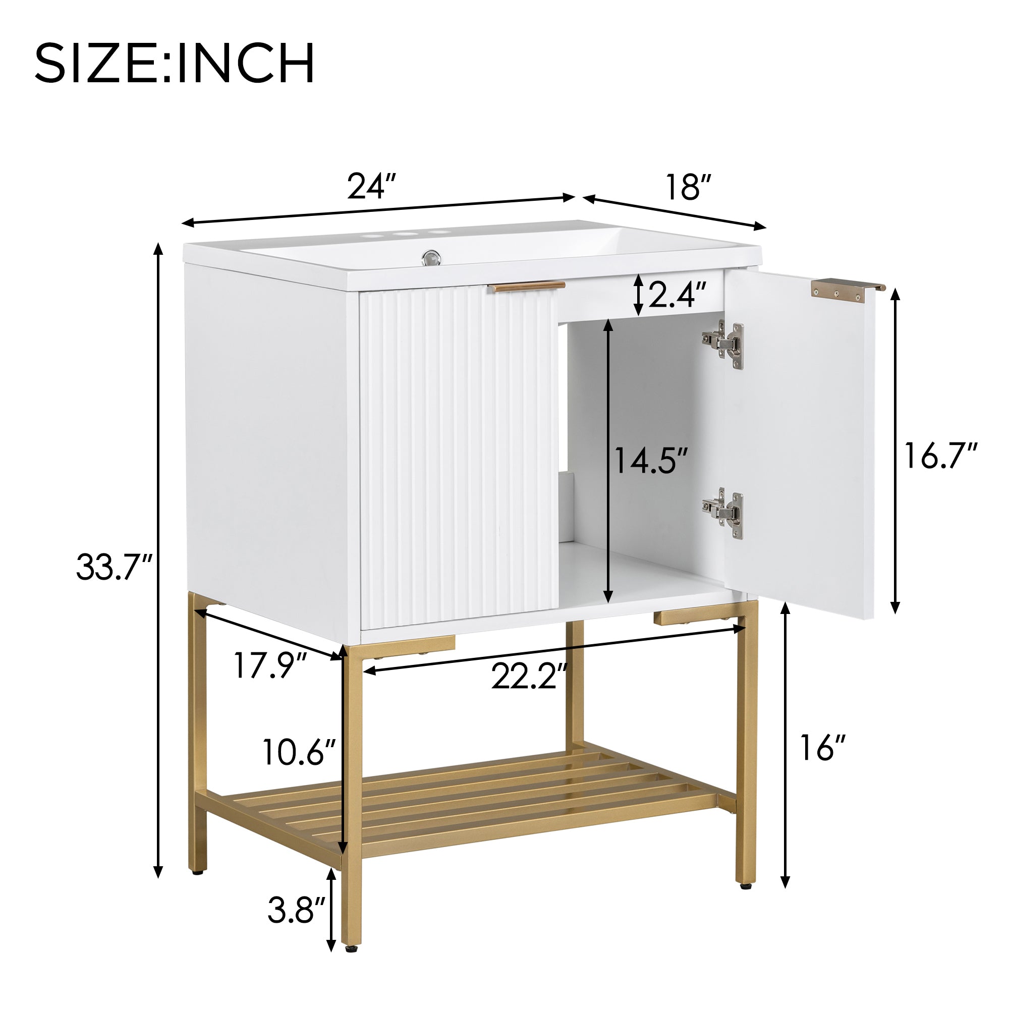 24 Inch MDF Freestanding Bathroom Vanity Set in White Integrated Ceramic Sink
